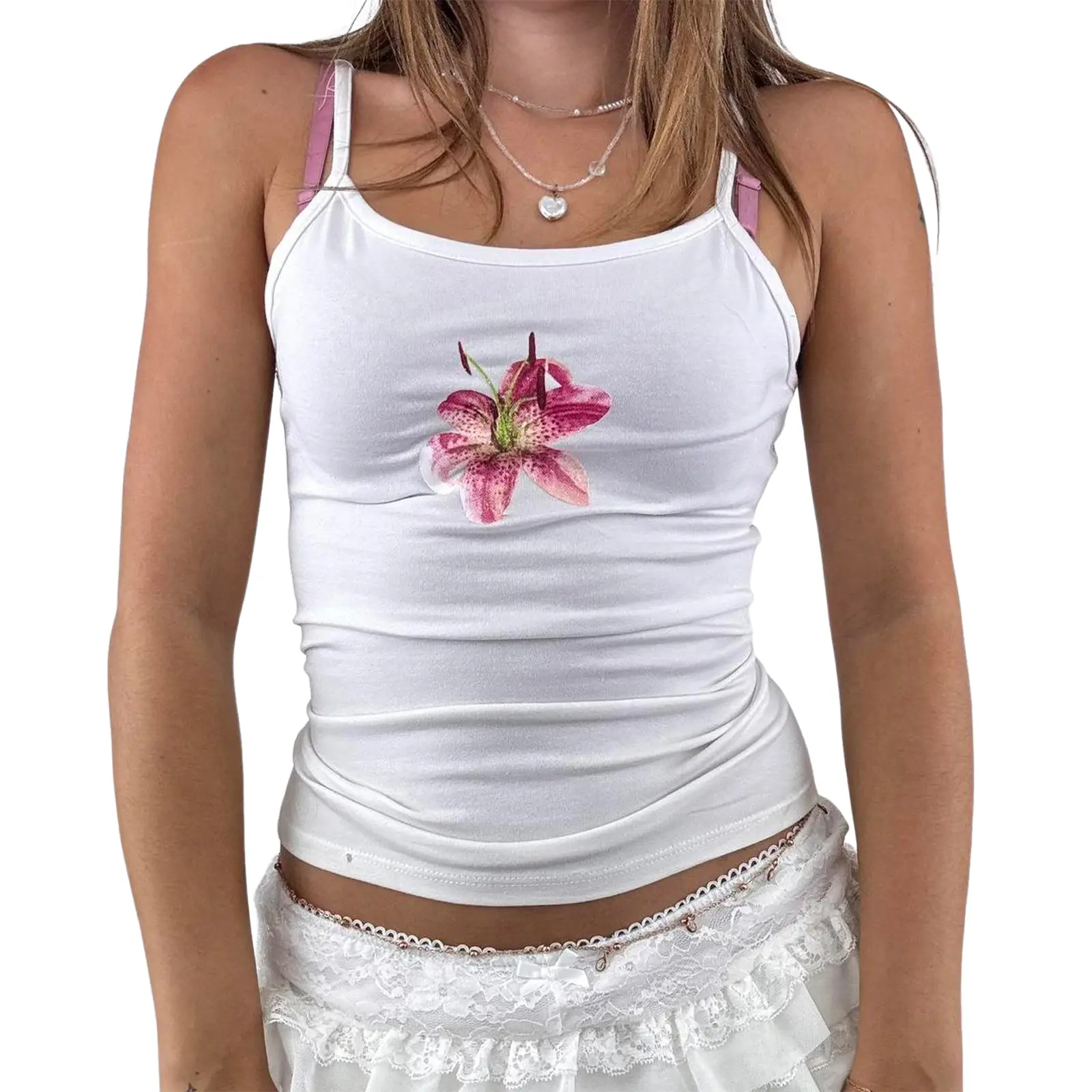 Women Graphic Crop Cami Tops Slim Flower Scoop Neck Spaghetti Strap Backless Shirts Summer Streetwear