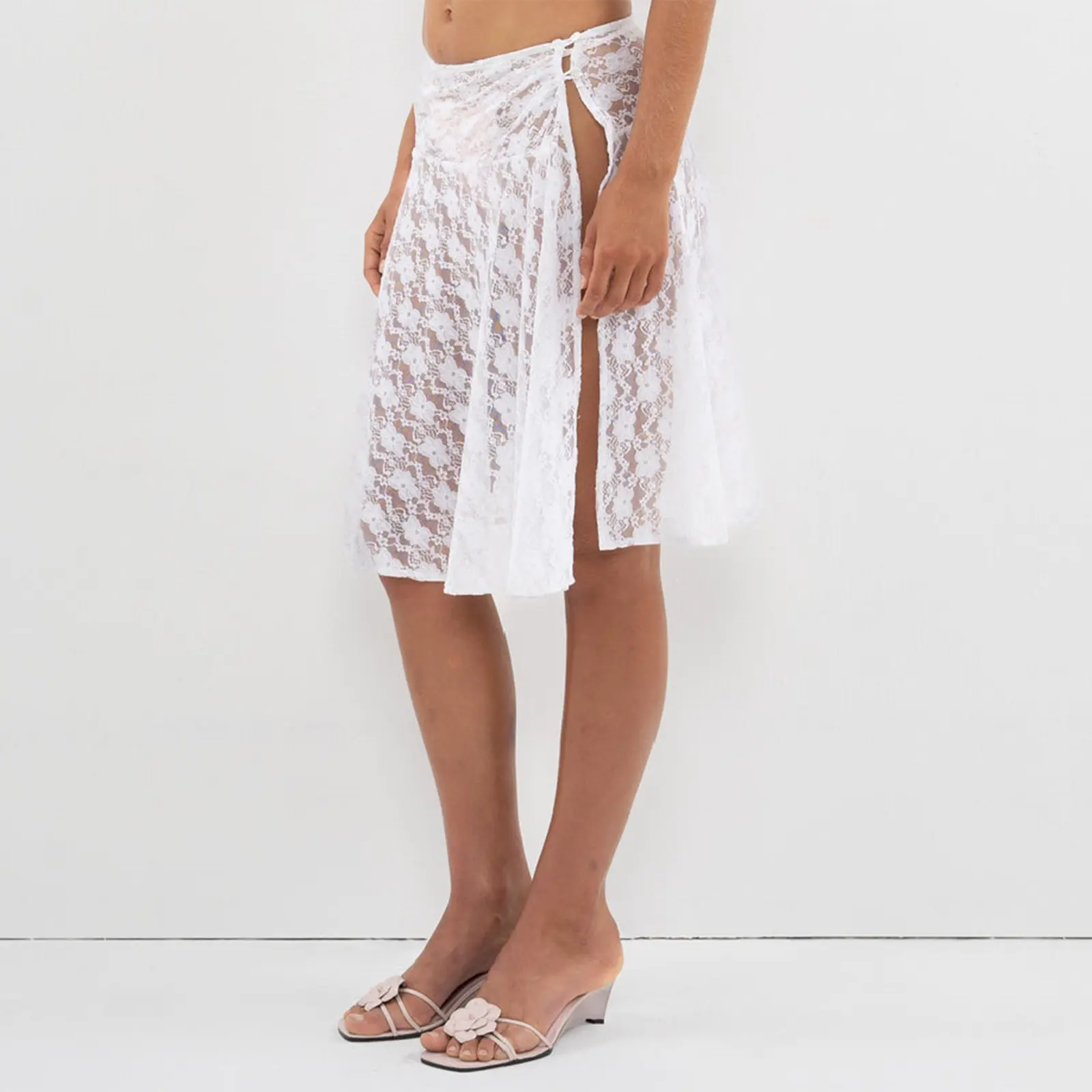 Women Summer Lace Skirts Sheer Mesh See Through Midi Skirt Boho Beach Skirts for Party