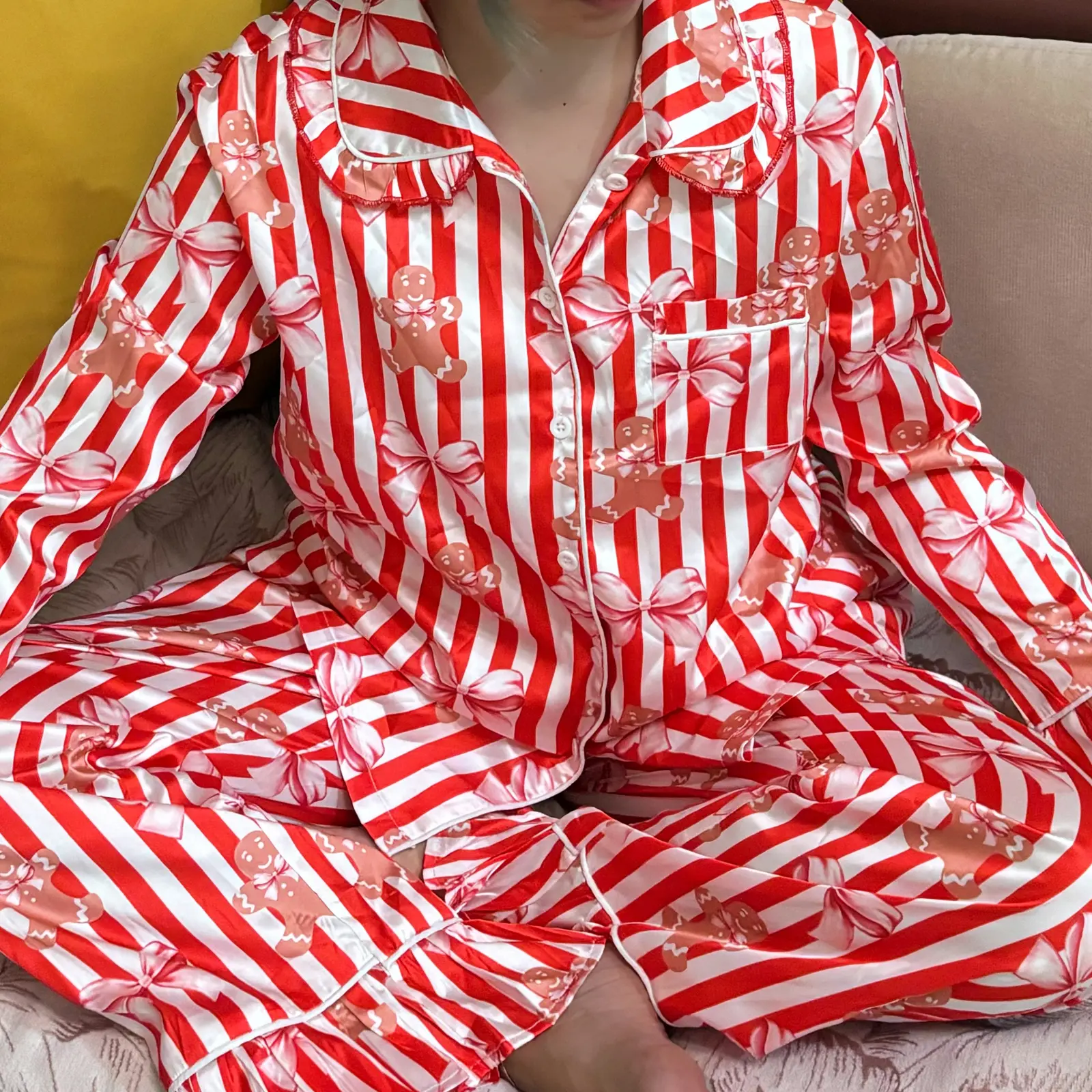 Women’s 2 Piece Christmas Pajama Set Long Sleeve Gingerbread Print Button Up Shirt + Pants Set Winter Sleepwear