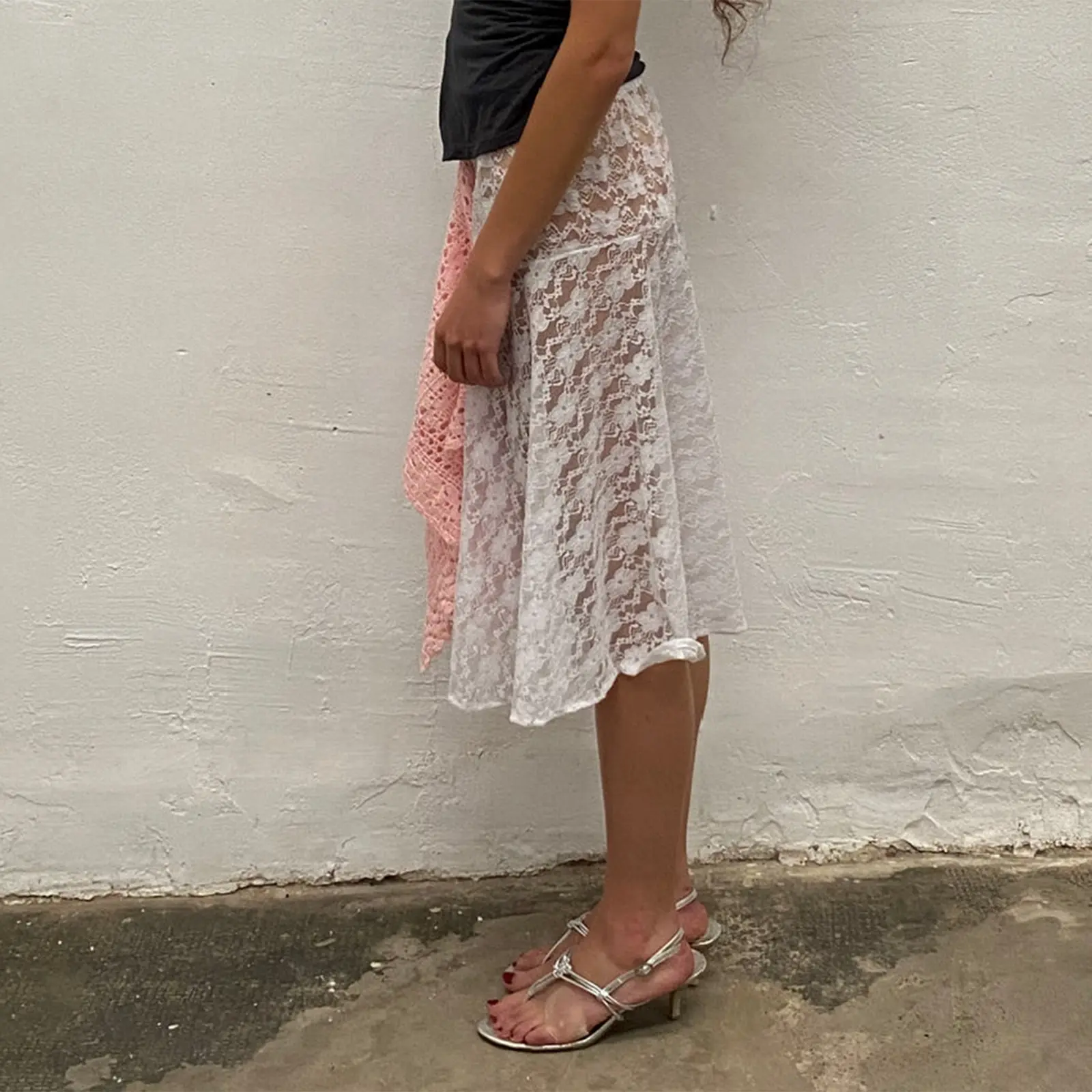 Women Summer Lace Skirts Sheer Mesh See Through Midi Skirt Boho Beach Skirts for Party