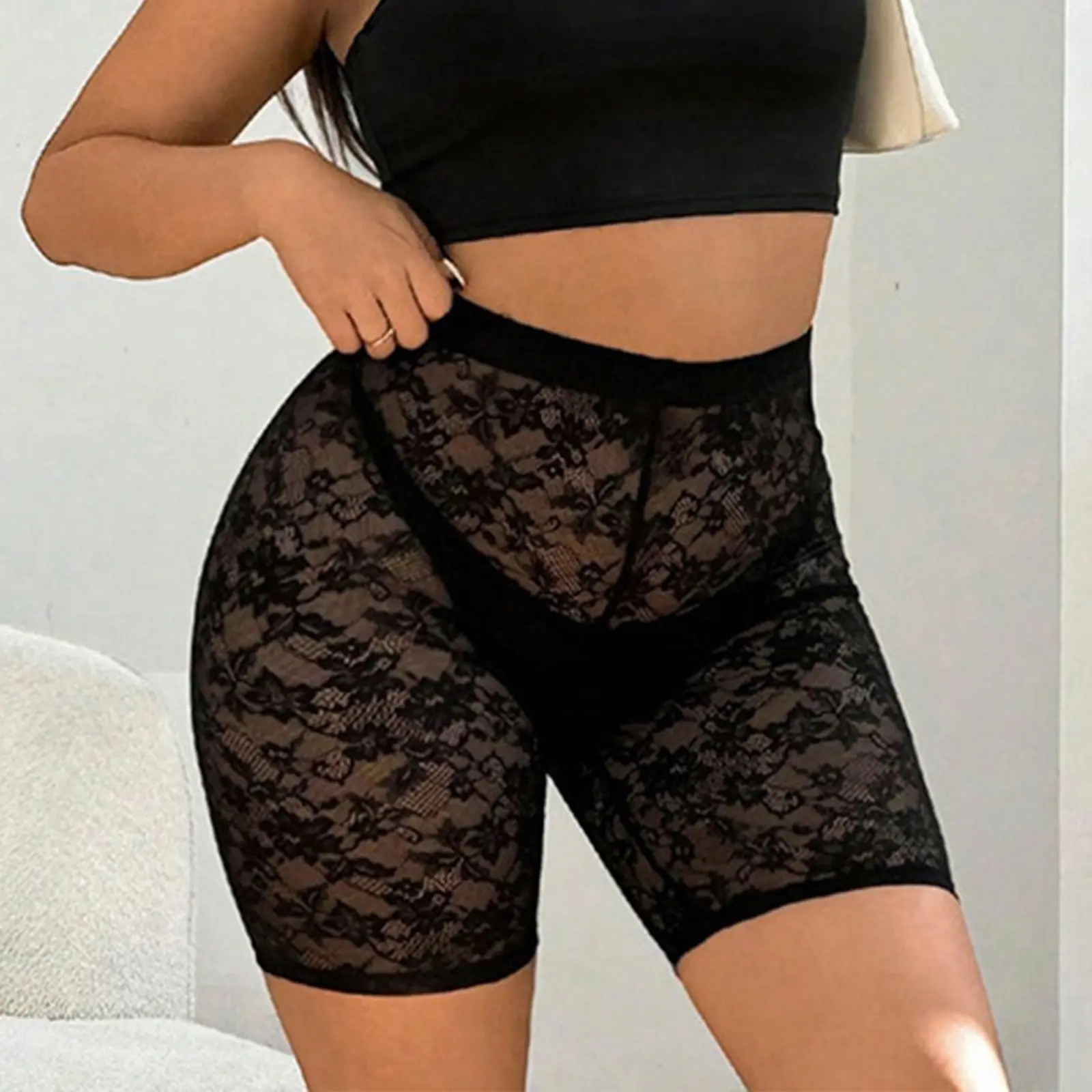 Women's Lingerie Lace Shorts High Waist Sheer Mesh Knee Length Panty Shorts Underwear