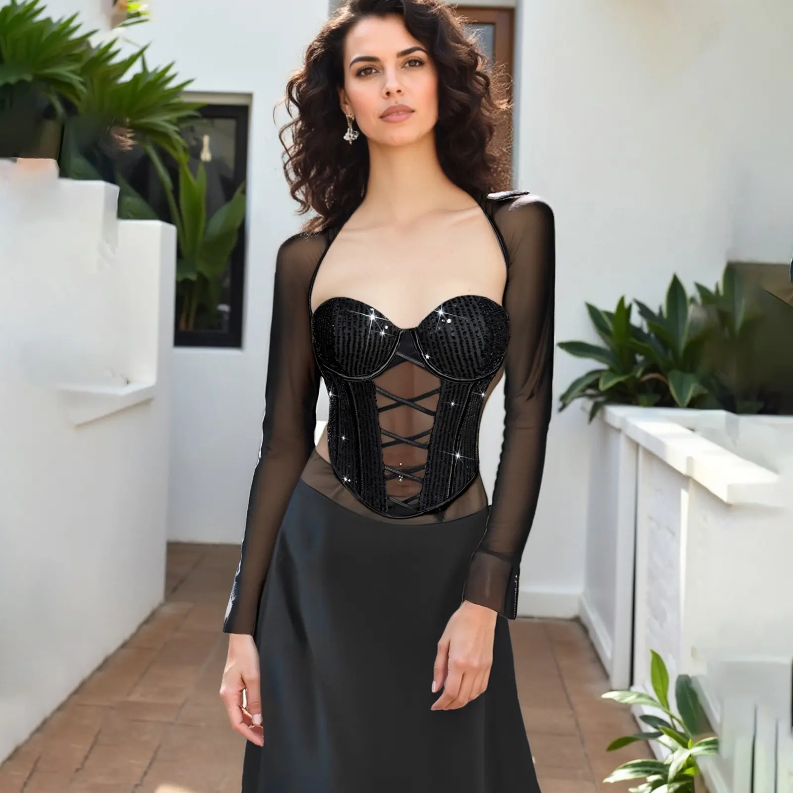 Women Bustier Lingerie Sequins Design Mesh See Through Long Sleeve Tube Corset Tops