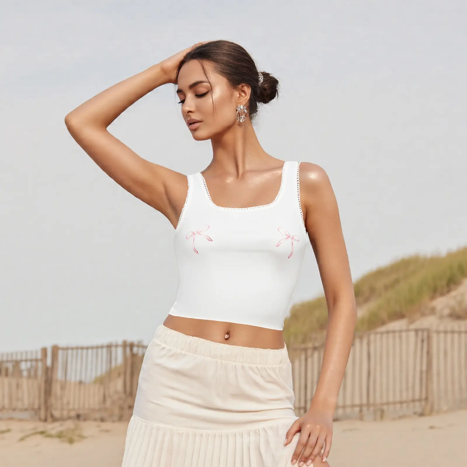 Women Bow Tank Tops Slim U Neck Sleeveless Showing Navel Lounge Shirts Casual Summer Streetwear