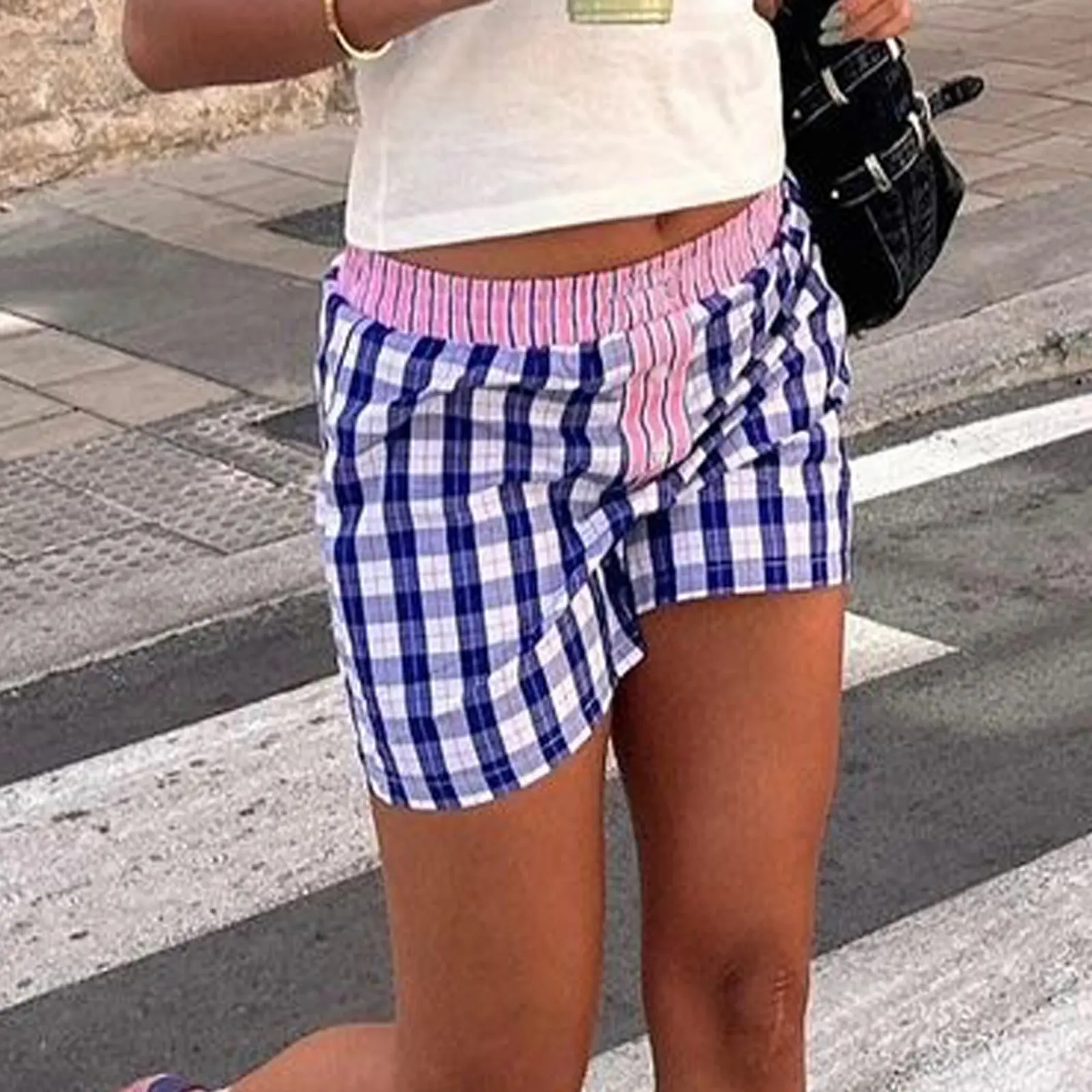 Women's Pajama Shorts Stripe/Plaid Patchwork Elastic Waist Comfy Sleep Shorts Summer Casual Pajama Bottoms