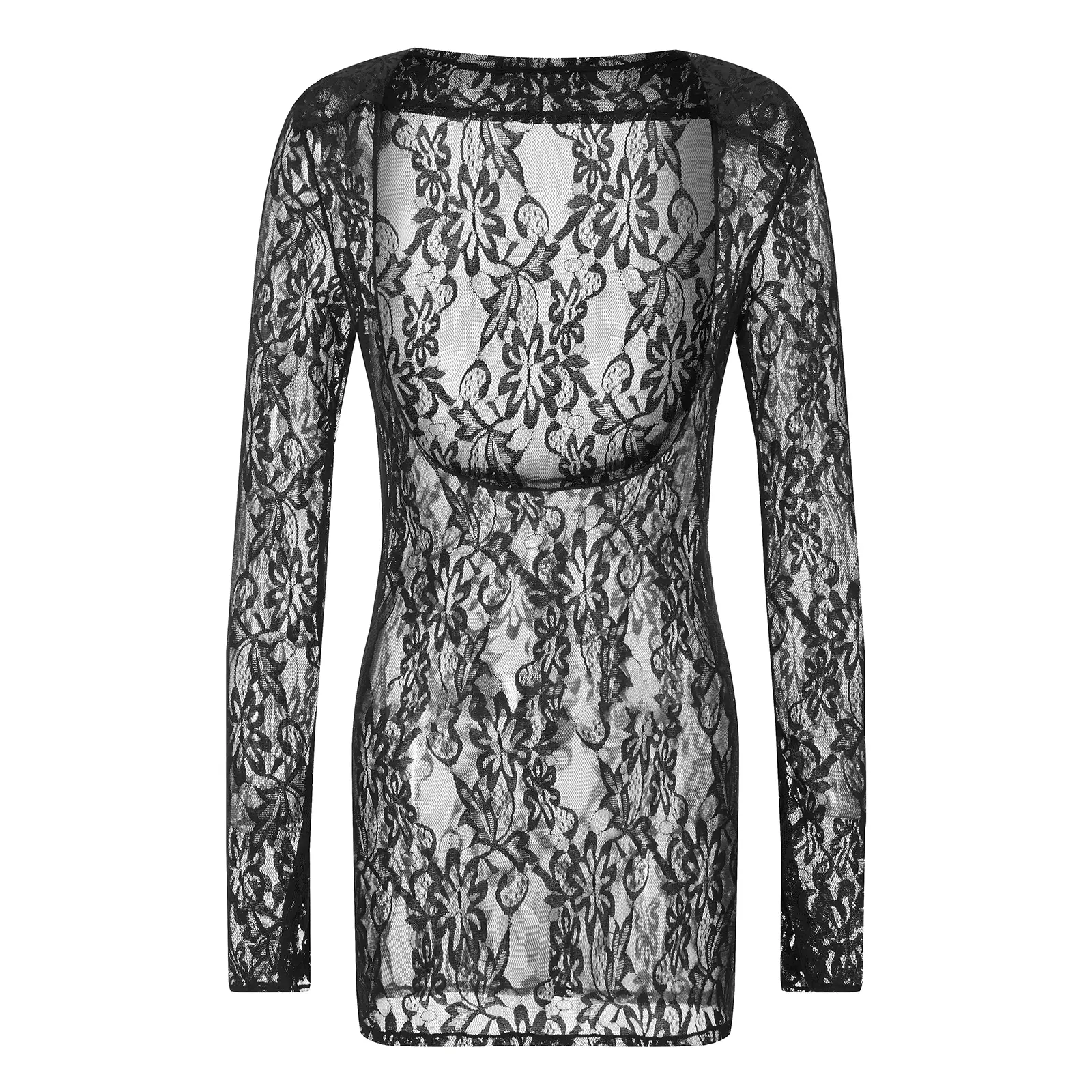 Women Cover-up Dress, Long Sleeve Low-cut See-through Lace Dress Summer Beach Dress Mini Dress