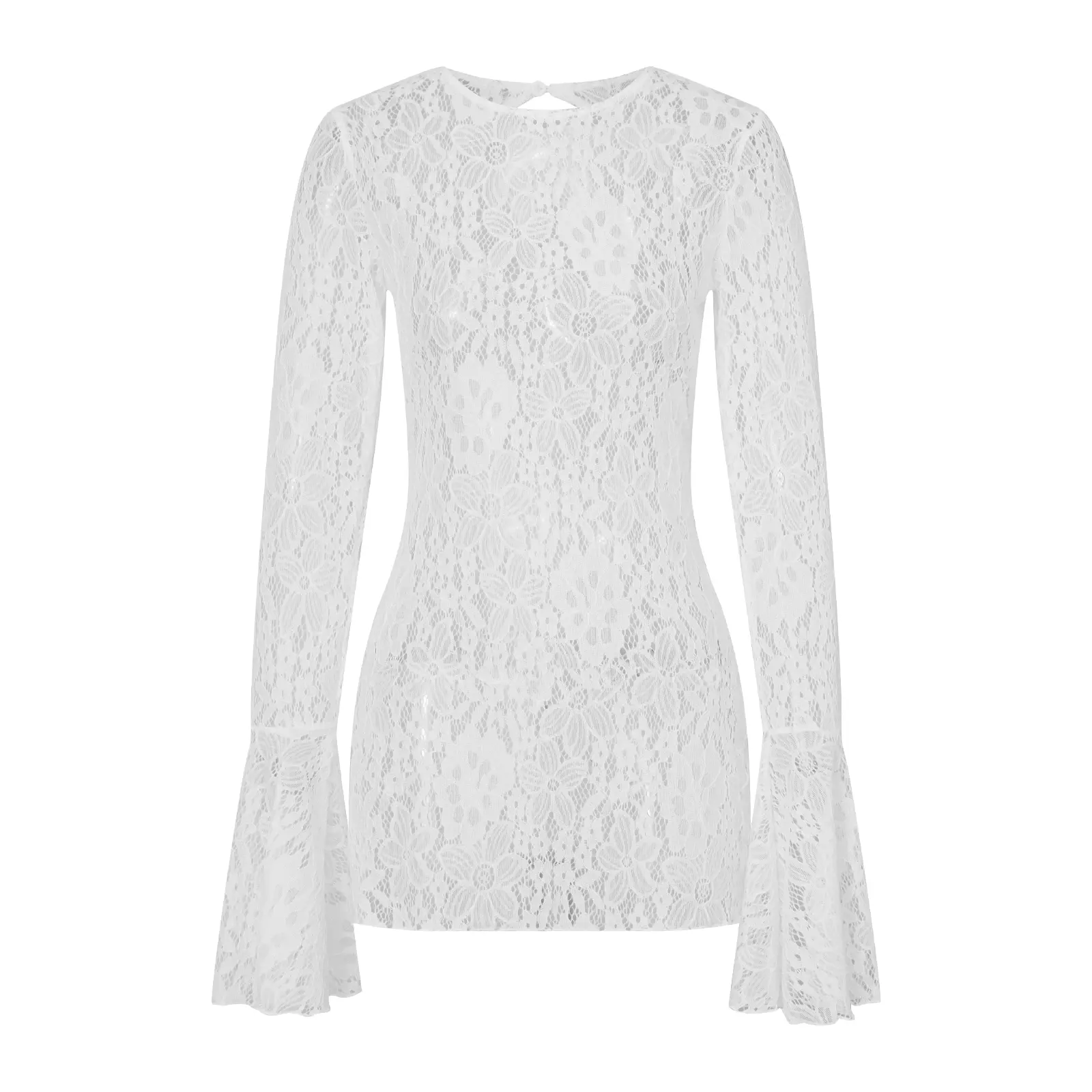 Women’s Open Back Lace Dress Long Sleeve Round Neck Solid Color Dress Going Out Dress