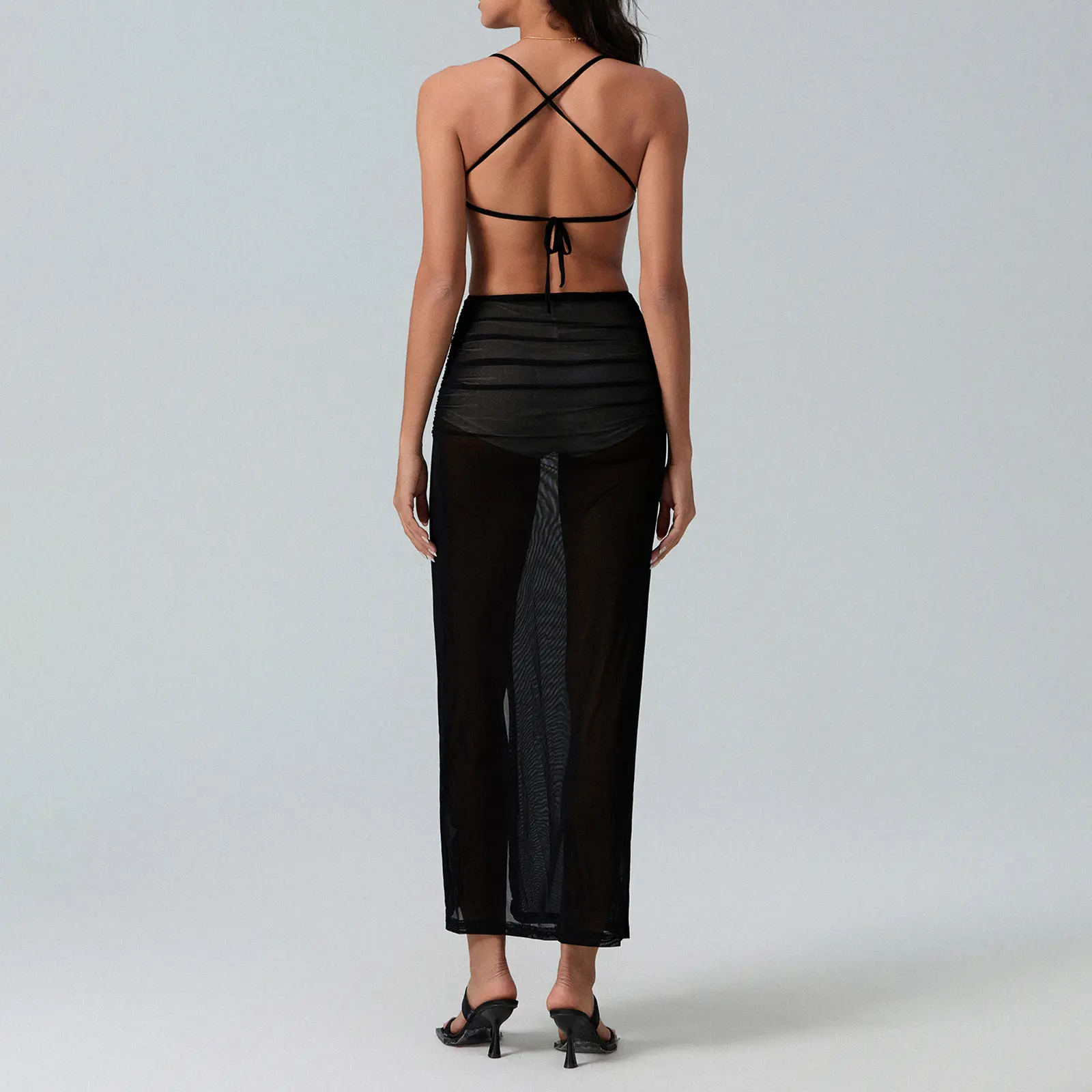 Women's Sheer Nightdress Solid Color Spaghetti Strap Backless Long Dress Sleepwear Lingerie