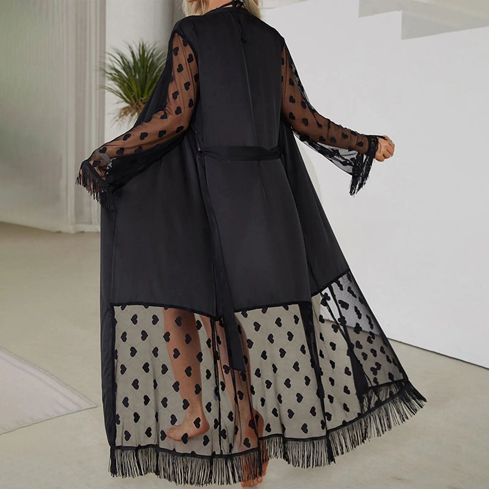 Women Lingerie Long Robe Heart Print Mesh Long Sleeve Tassel Hem Kimono Satin Sleepwear with Belt