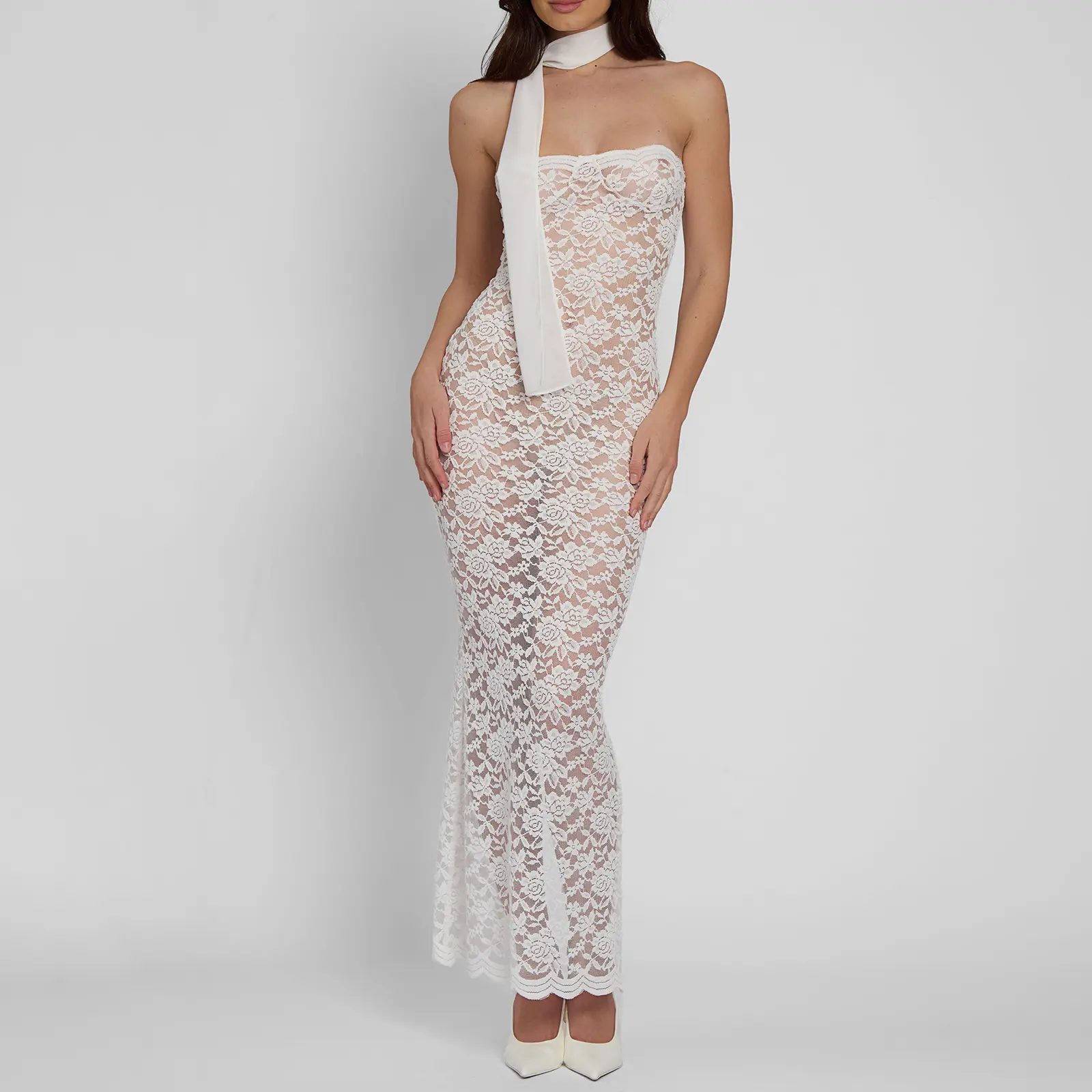Women Floral Lace Tube Dress Sheer Slim Fit Backless Sleeveless Boat Neck Long Dresses Neckwear