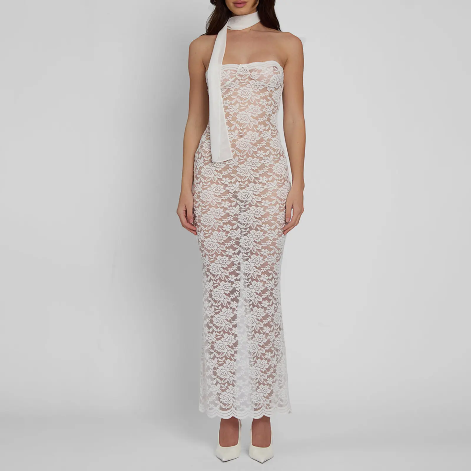 Women Floral Lace Tube Dress Sheer Slim Fit Backless Sleeveless Boat Neck Long Dresses Neckwear