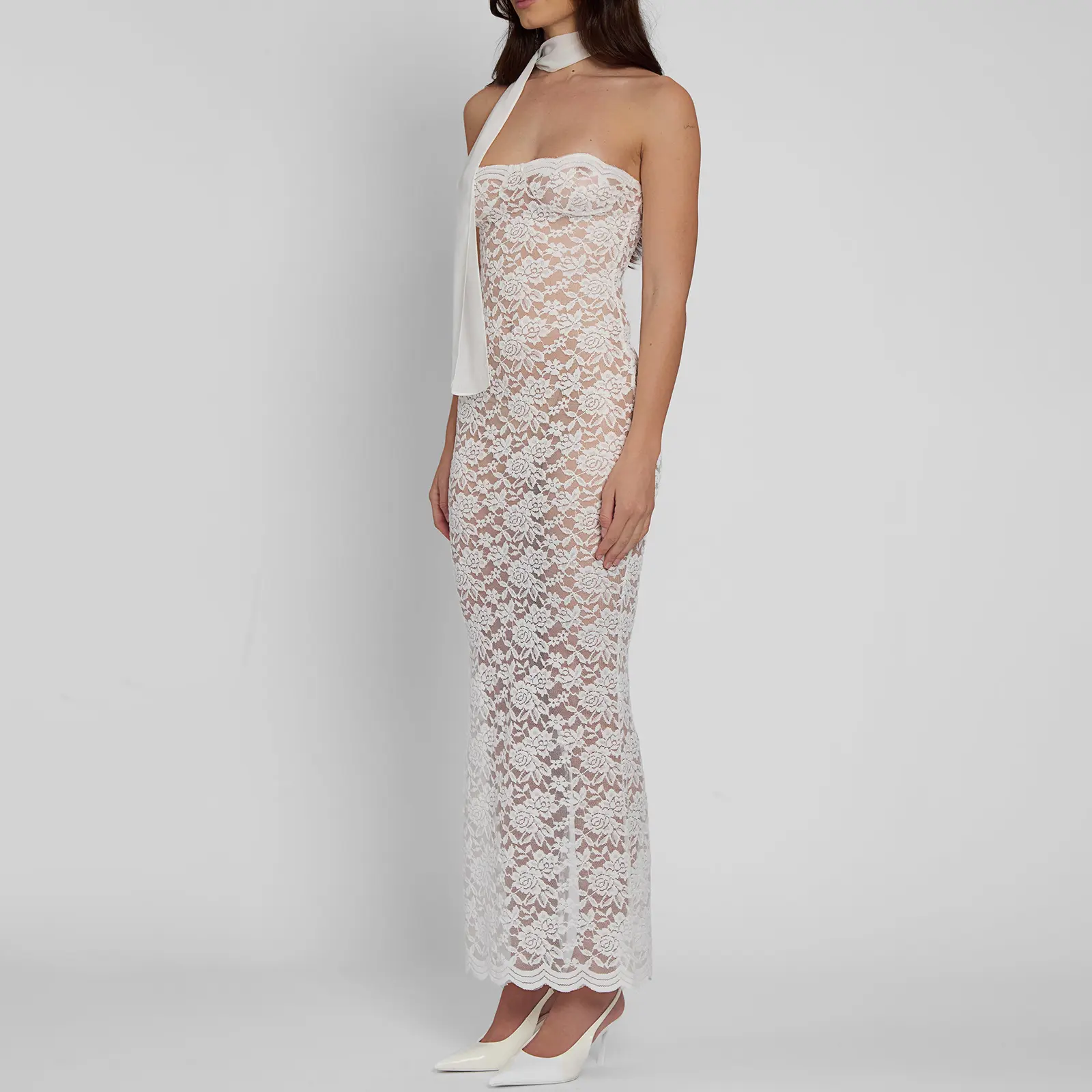 Women Floral Lace Tube Dress Sheer Slim Fit Backless Sleeveless Boat Neck Long Dresses Neckwear
