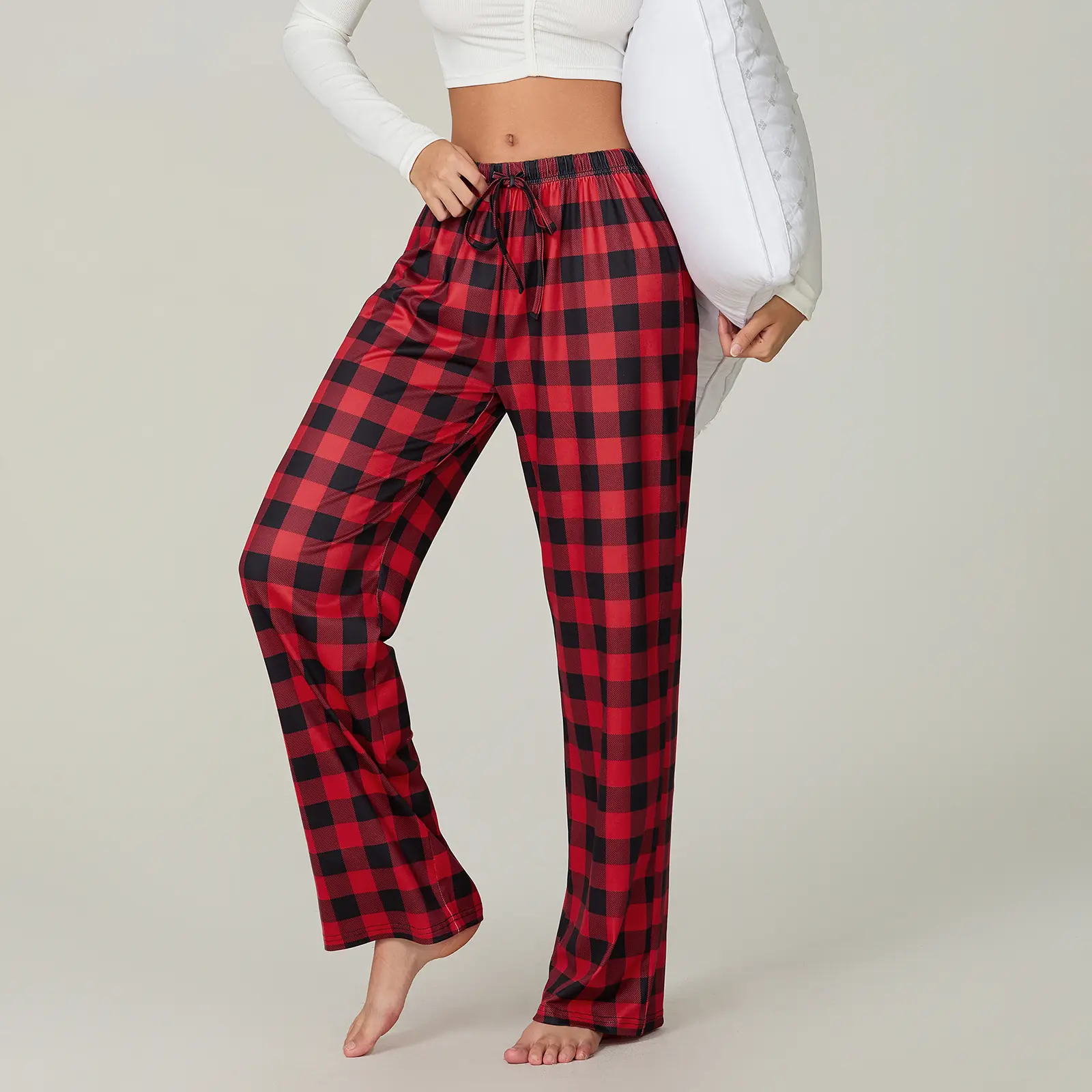 Women's Christmas Pajama Pants Classic Buffalo Plaid Print Elastic Waist Loose Sleep Pants Trousers