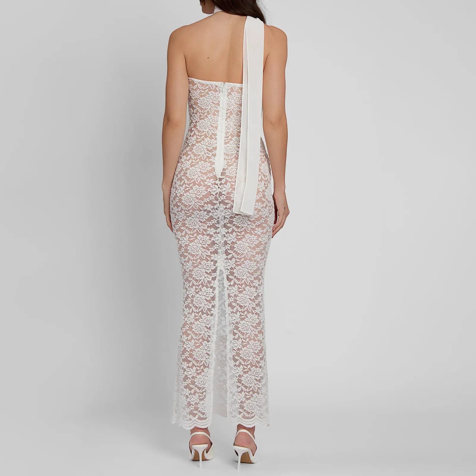 Women Floral Lace Tube Dress Sheer Slim Fit Backless Sleeveless Boat Neck Long Dresses Neckwear