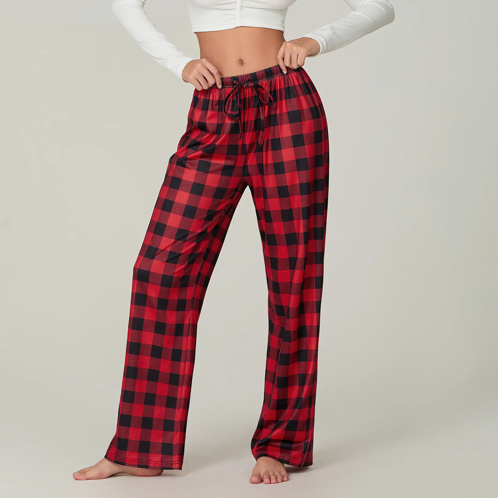 Women's Christmas Pajama Pants Classic Buffalo Plaid Print Elastic Waist Loose Sleep Pants Trousers