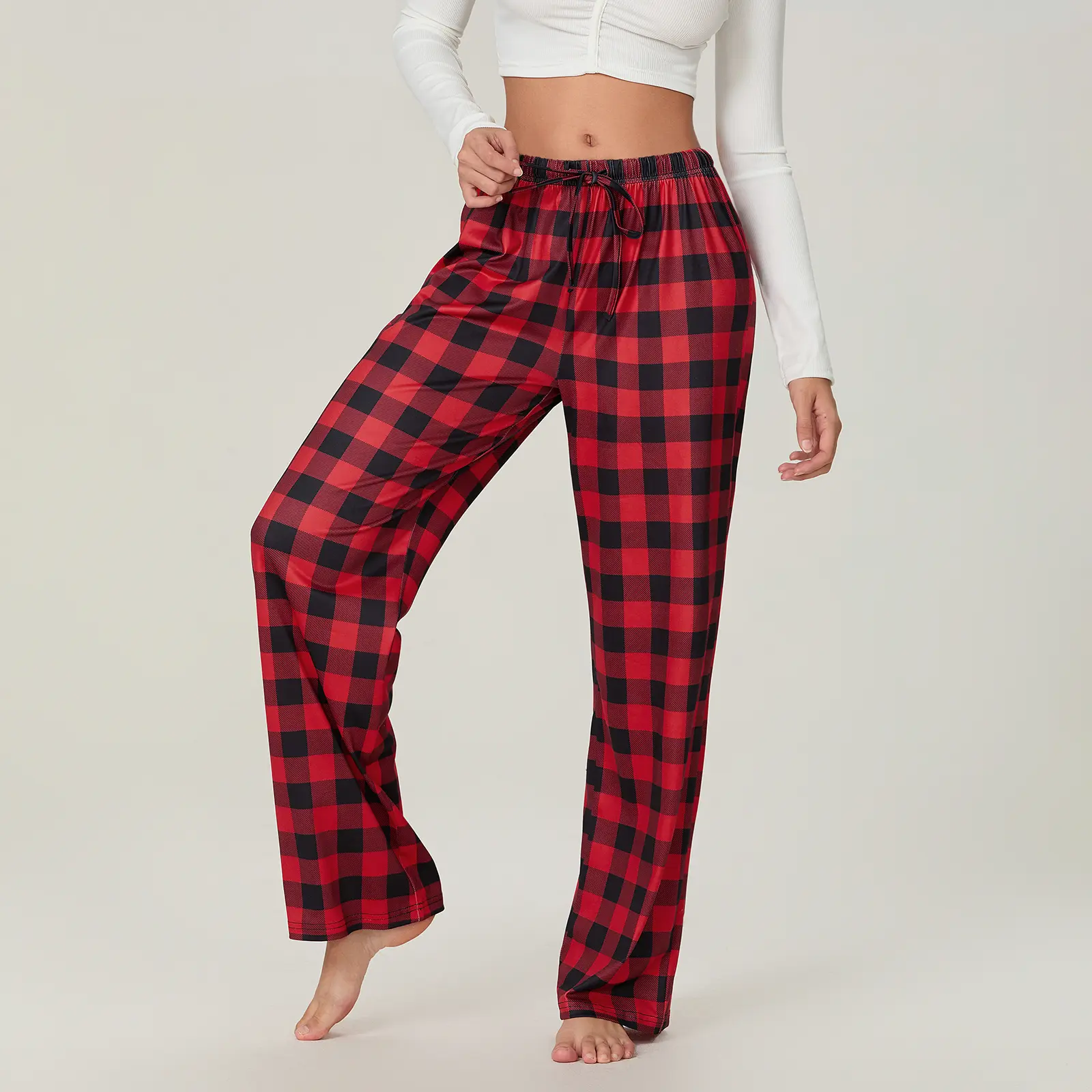 Women's Christmas Pajama Pants Classic Buffalo Plaid Print Elastic Waist Loose Sleep Pants Trousers