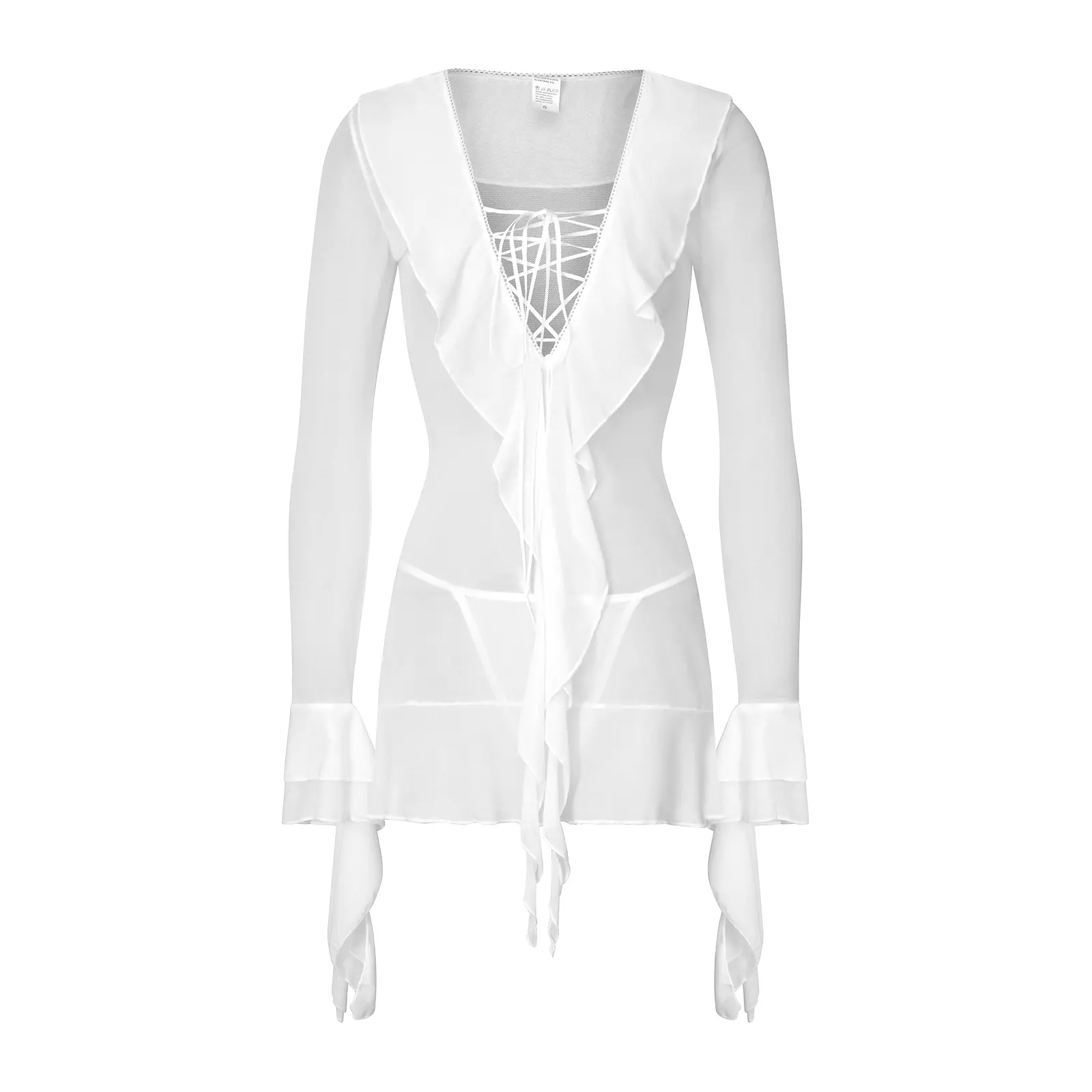 Women Lingerie Chemise Nightdress Solid Color See-Through Ruffles Dress Nightgown Sleepwear Slips Nightie
