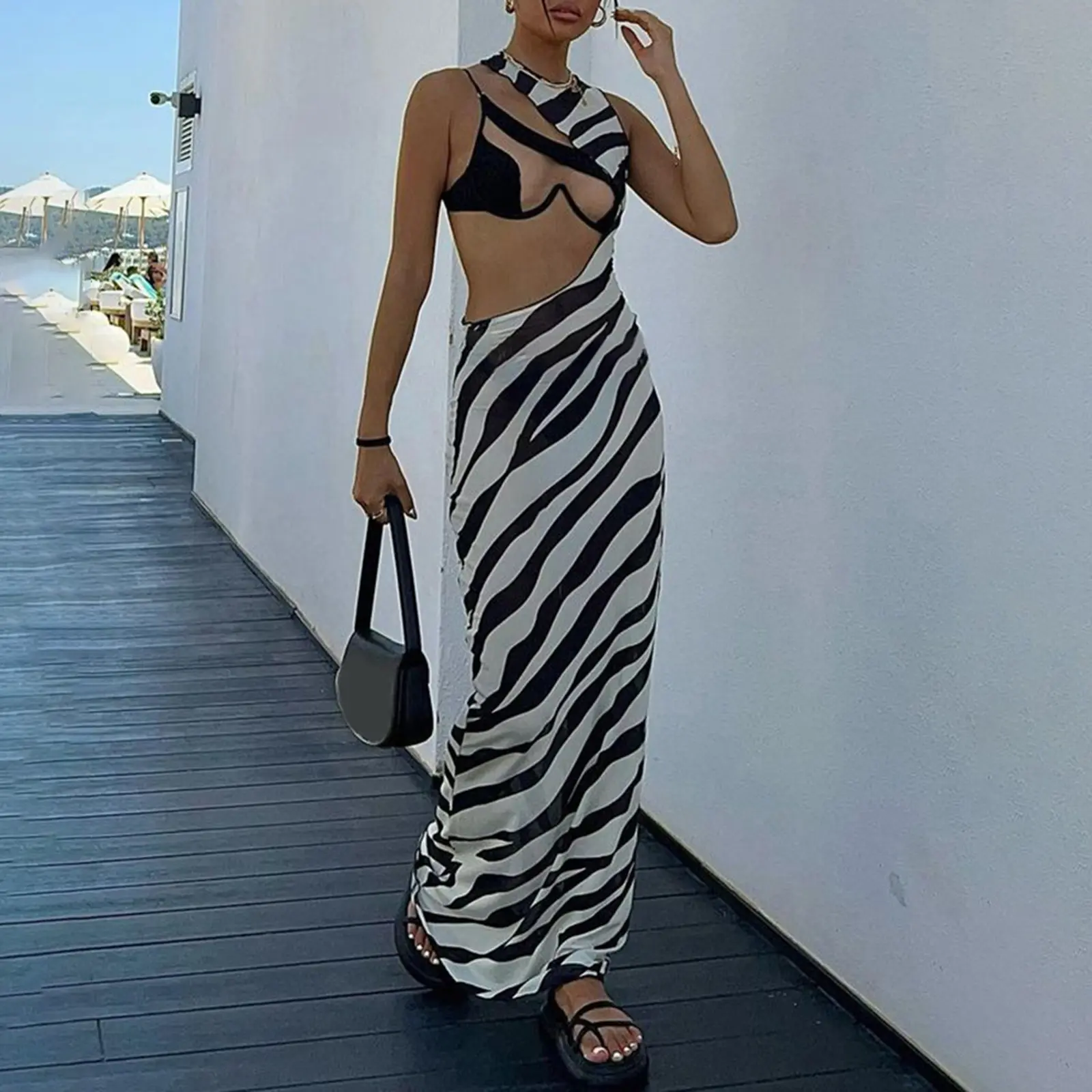 Women's Summer Mesh Beach Dress Sleeveless One Shoulder Zebra Print Long Cutout Dresses