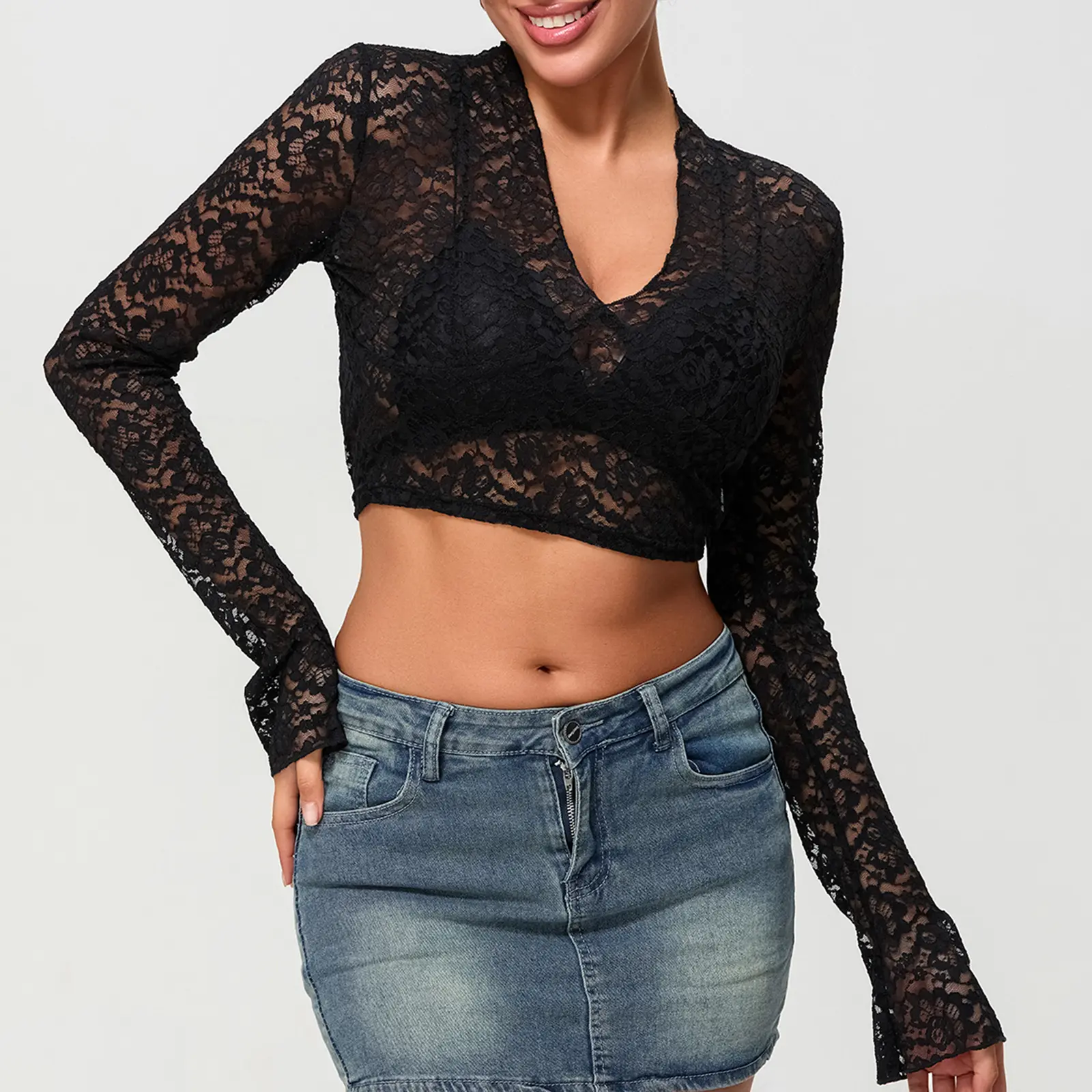 Women’s Lace Crop Tops Long Sleeve V Neck Tie-up Back Slim Fit T-Shirts Sheer Blouses