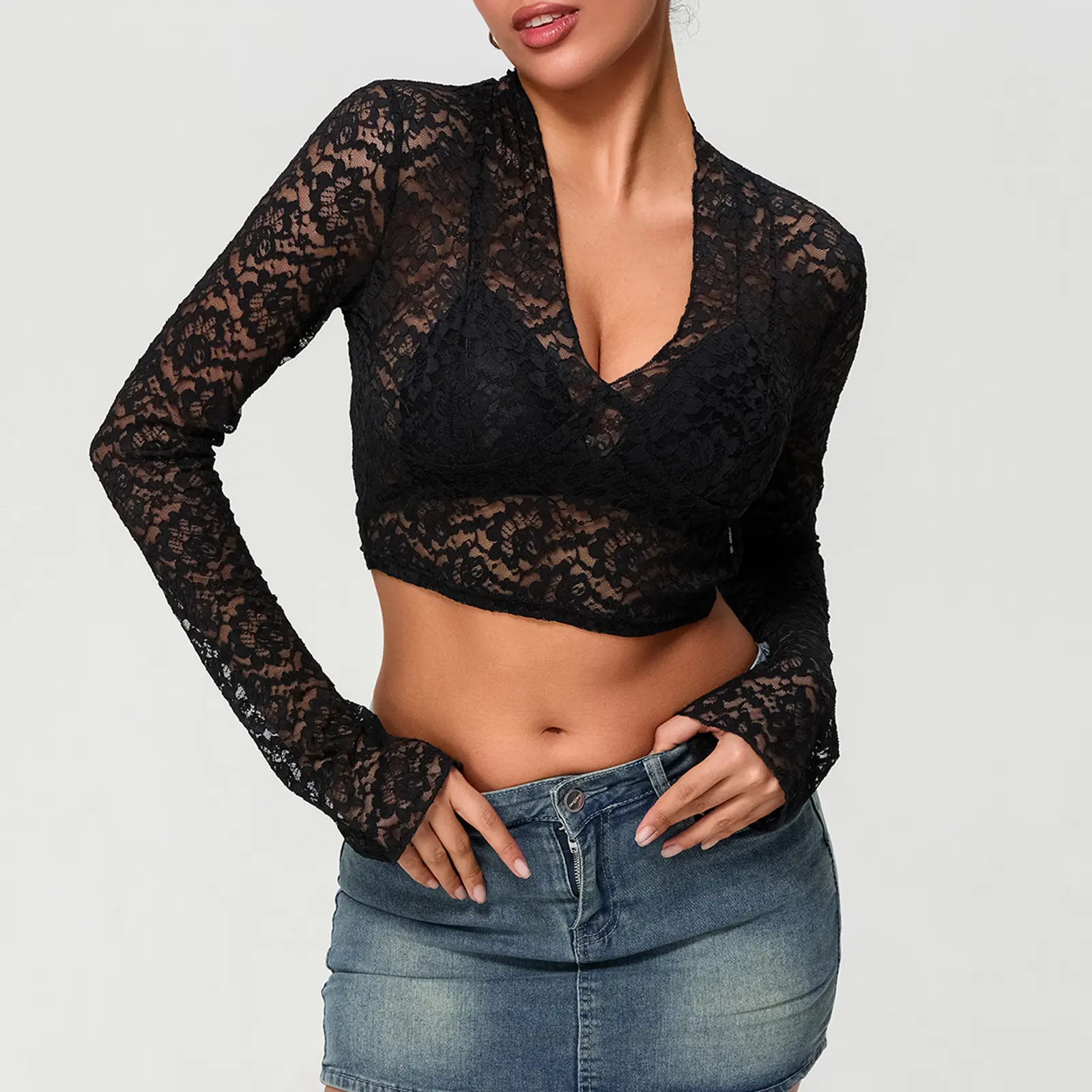 Women’s Lace Crop Tops Long Sleeve V Neck Tie-up Back Slim Fit T-Shirts Sheer Blouses