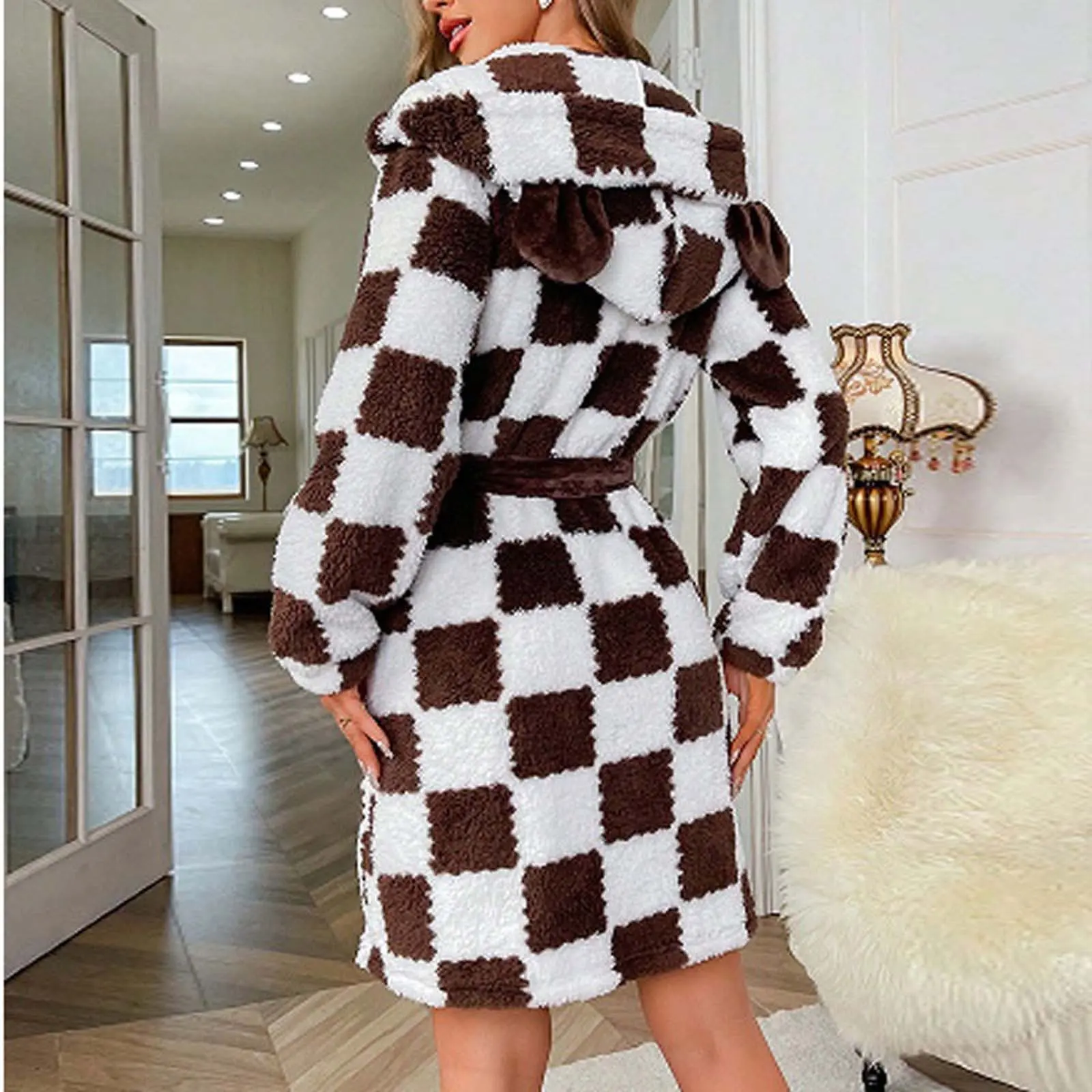Women's Fleece Hooded Robe Plaid Long Sleeve Tie-Up Waist Plush Nightwear with Pockets for Winter Fall