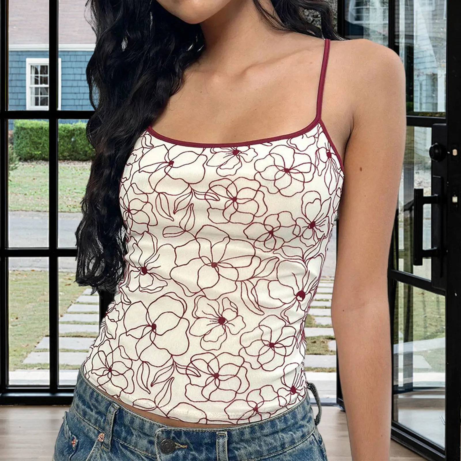 Women's Basic Pajama Tops Comfort Floral Prints Sleeveless Crop Camisole Sleep T-Shirt for Loungewear Sleepwear