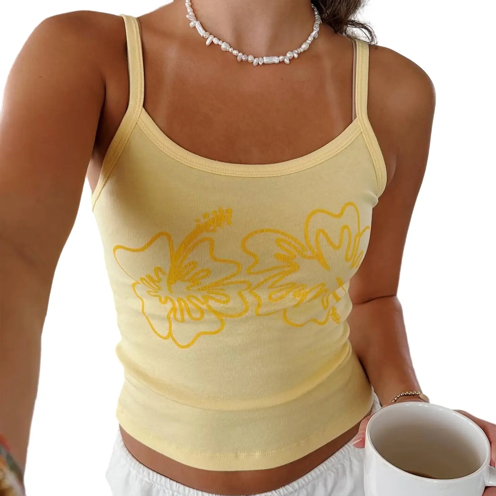 Women's Basic Pajama Tops Comfort Floral Print Sleeveless Crop Camisole Sleep T-Shirt for Loungewear Sleepwear