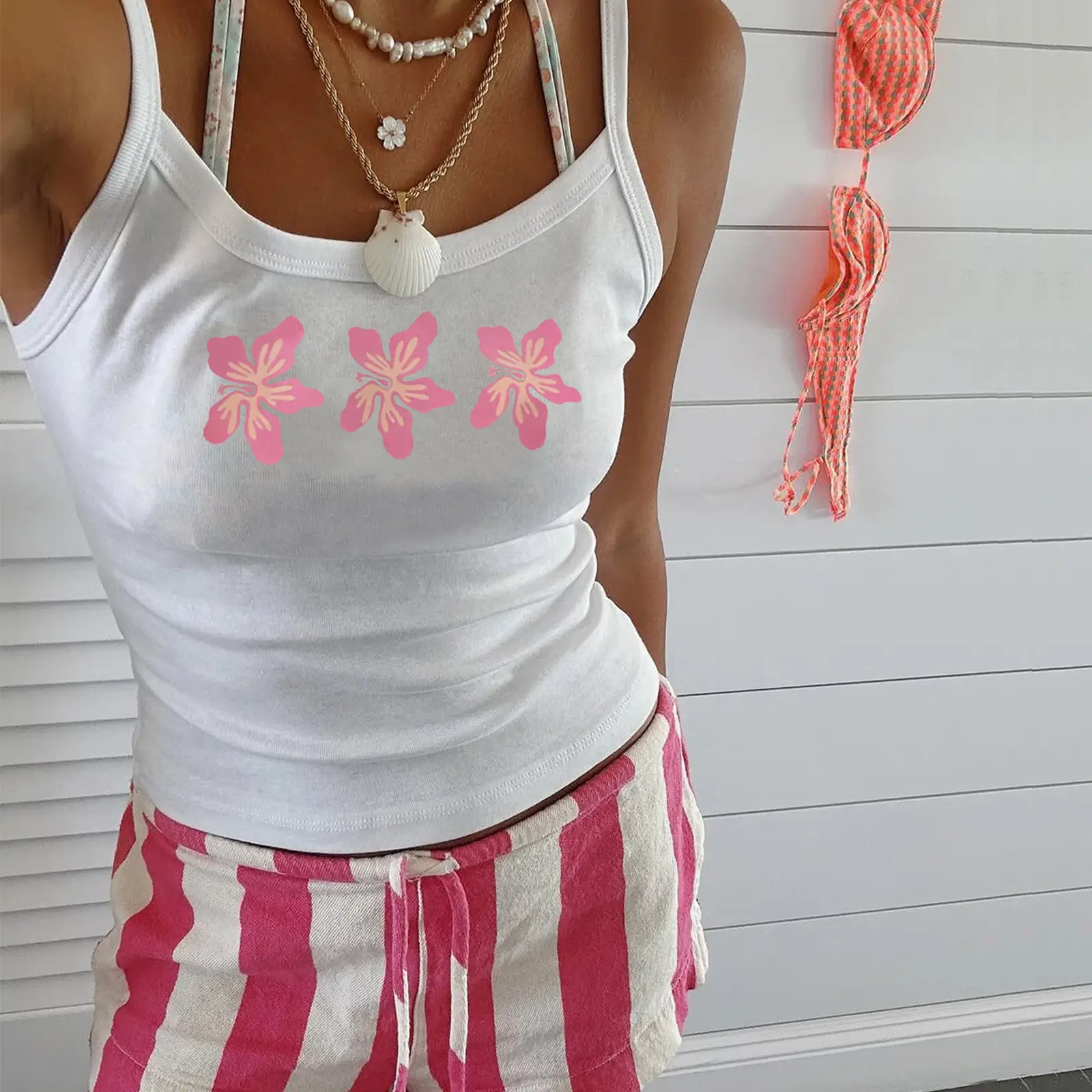 Women's Basic Pajama Tops Comfort Floral Print Sleeveless Crop Camisole Sleep T-Shirt for Loungewear Sleepwear