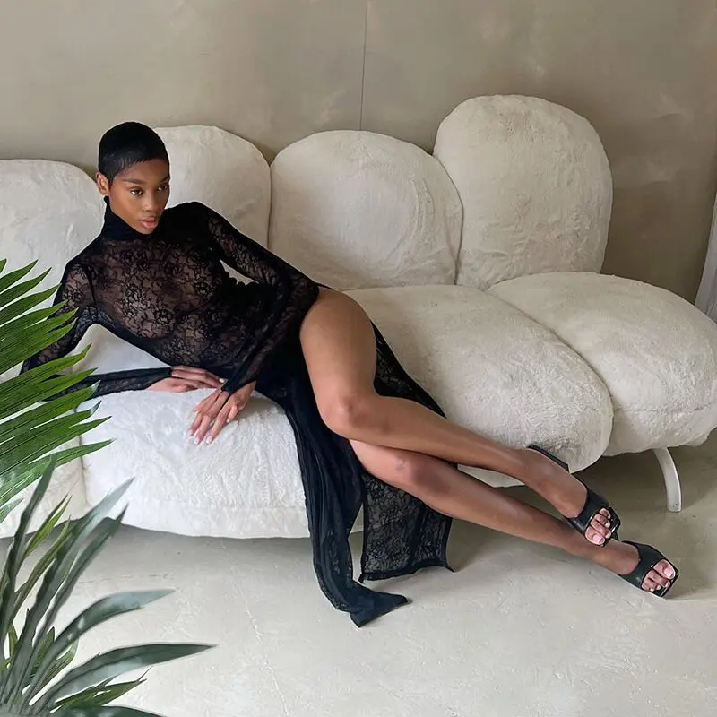 Women Lingerie Babydoll Nightdress Chemise Long Dress Sheer Lace Mock Neck Long Sleeve High Slit Nightwear Nightgown