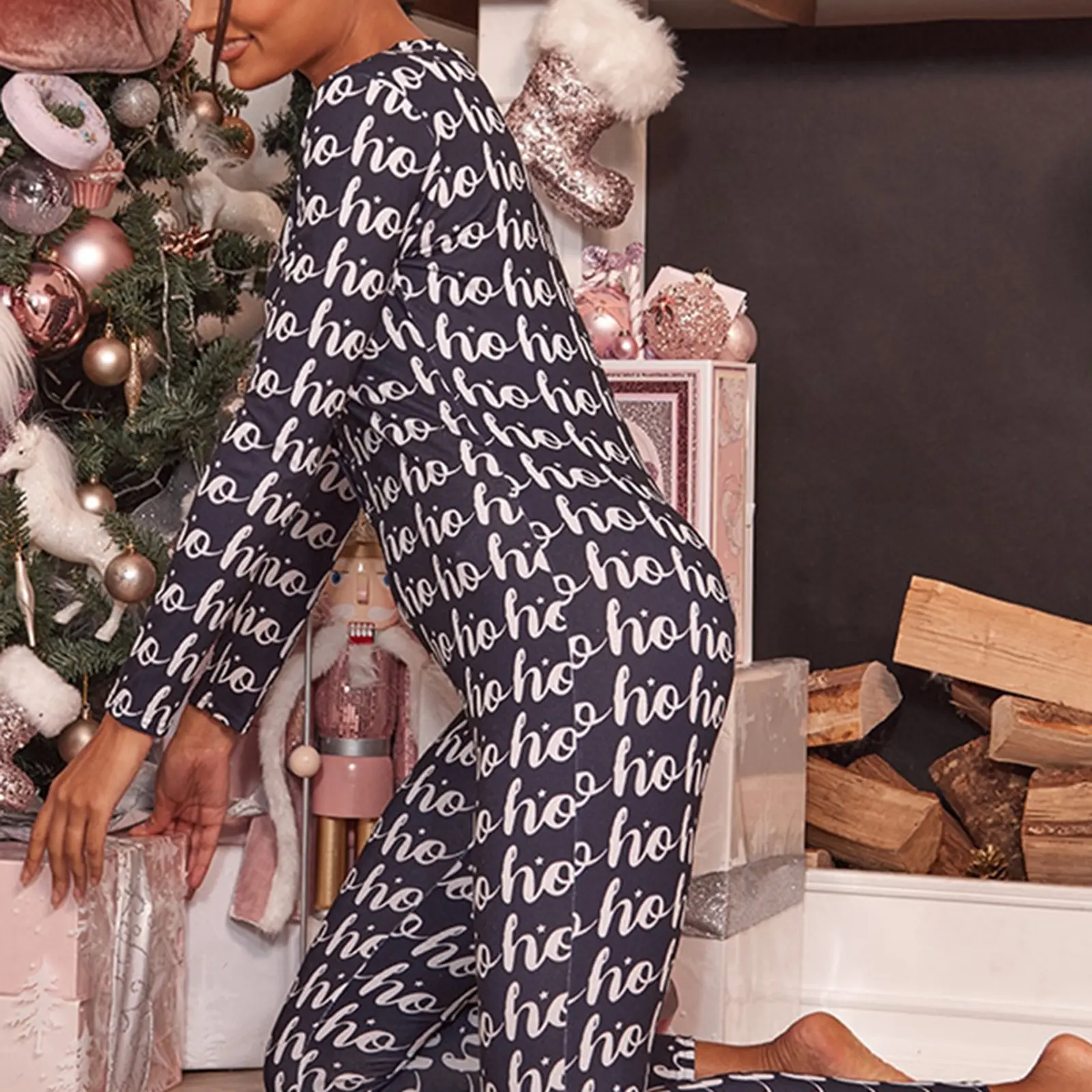 Women's Christmas Long Pajamas Romper Long Sleeve V Neck Button Up Pattern Print Jumpsuit Sleepwear
