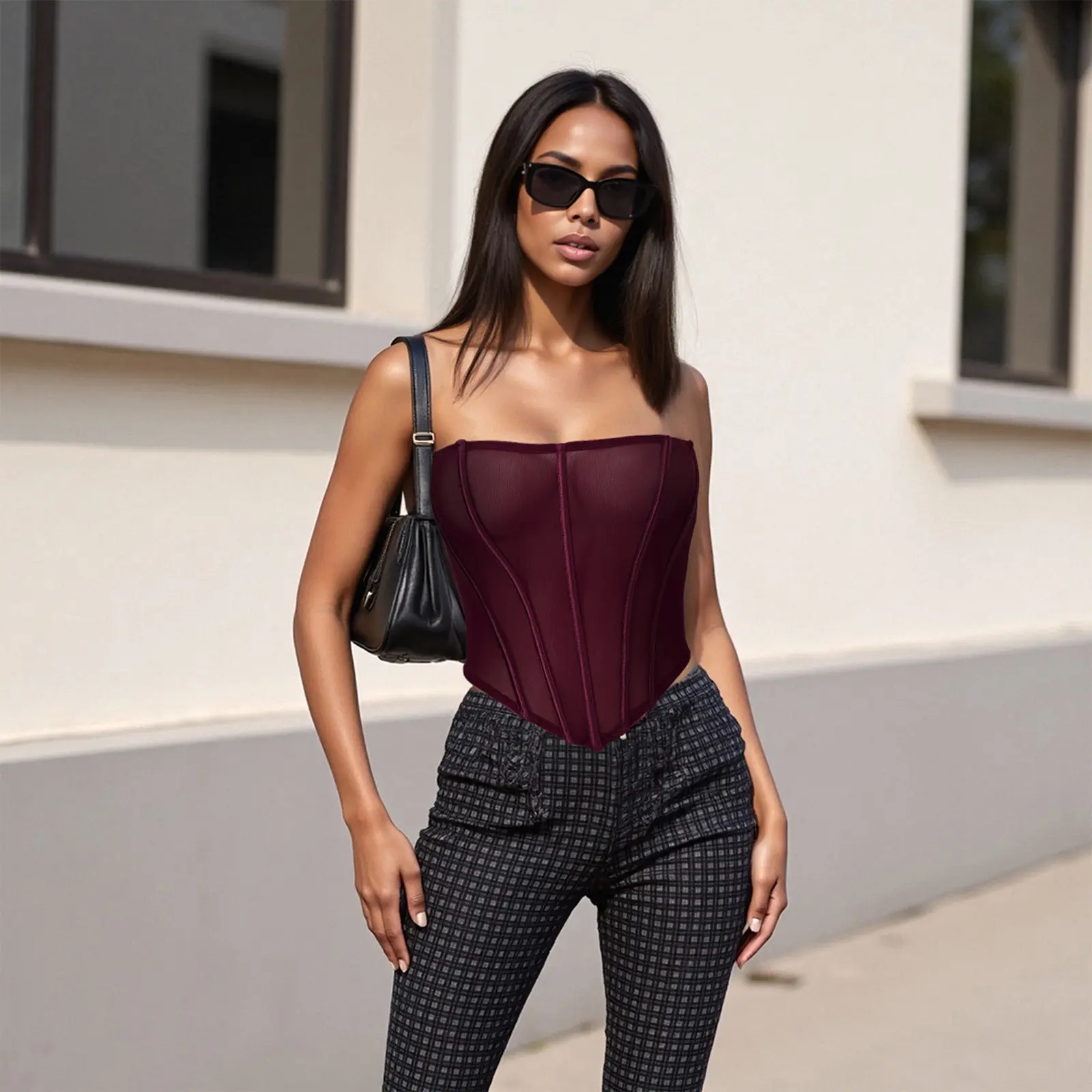 Women's Corset Tube Tops Sleeveless Strapless Sheer Mesh Boned Bustier Tops Bodyshaper