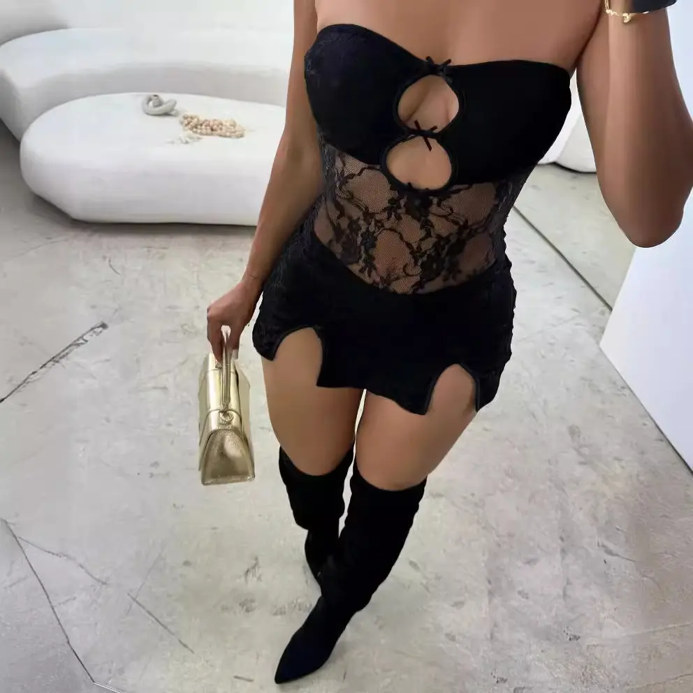 Sexy Women's Summer Mini Club Dress Sleeveless Off Shoulder Cutout Sheer Lace Floral Tube Top Dress for Party Club