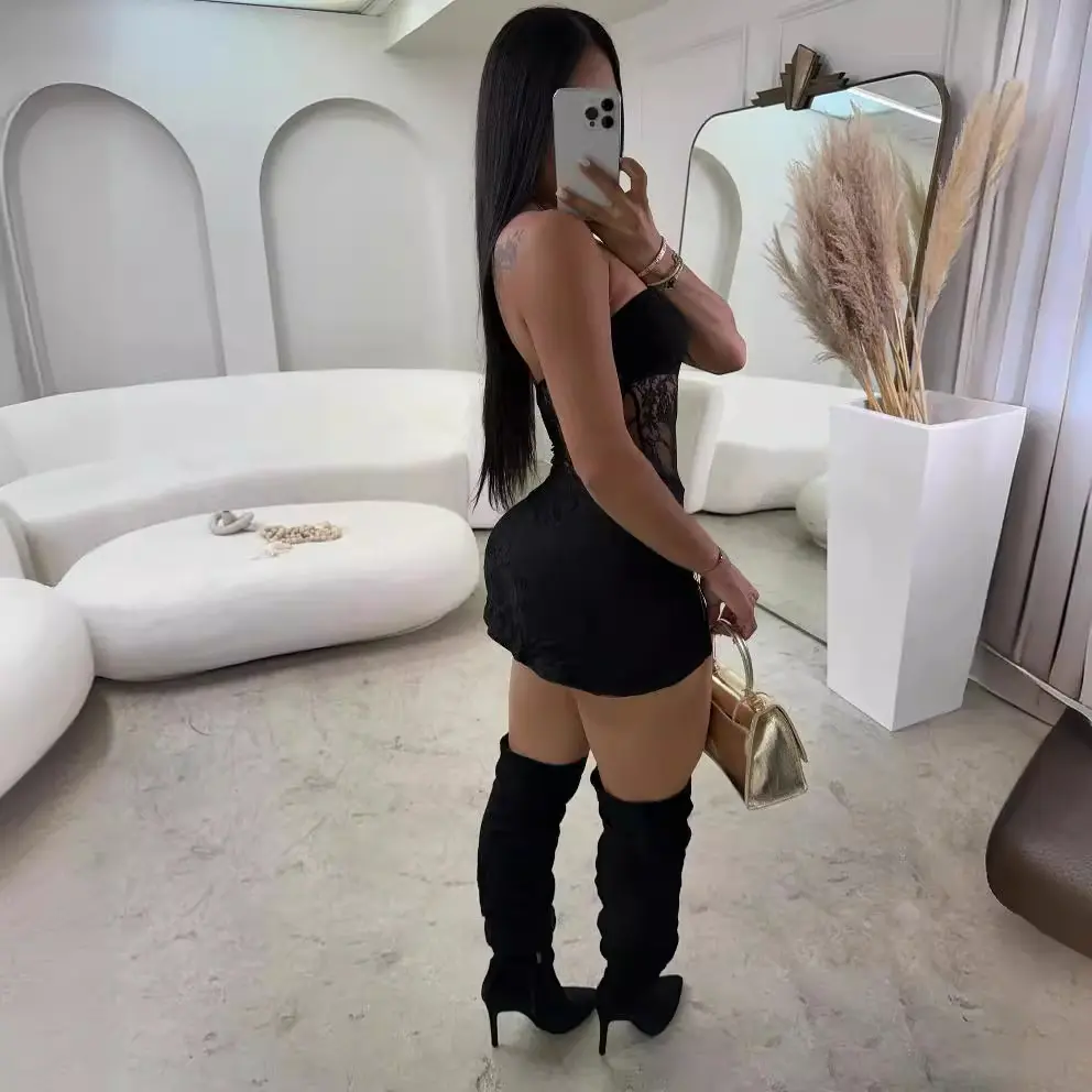 Sexy Women's Summer Mini Club Dress Sleeveless Off Shoulder Cutout Sheer Lace Floral Tube Top Dress for Party Club