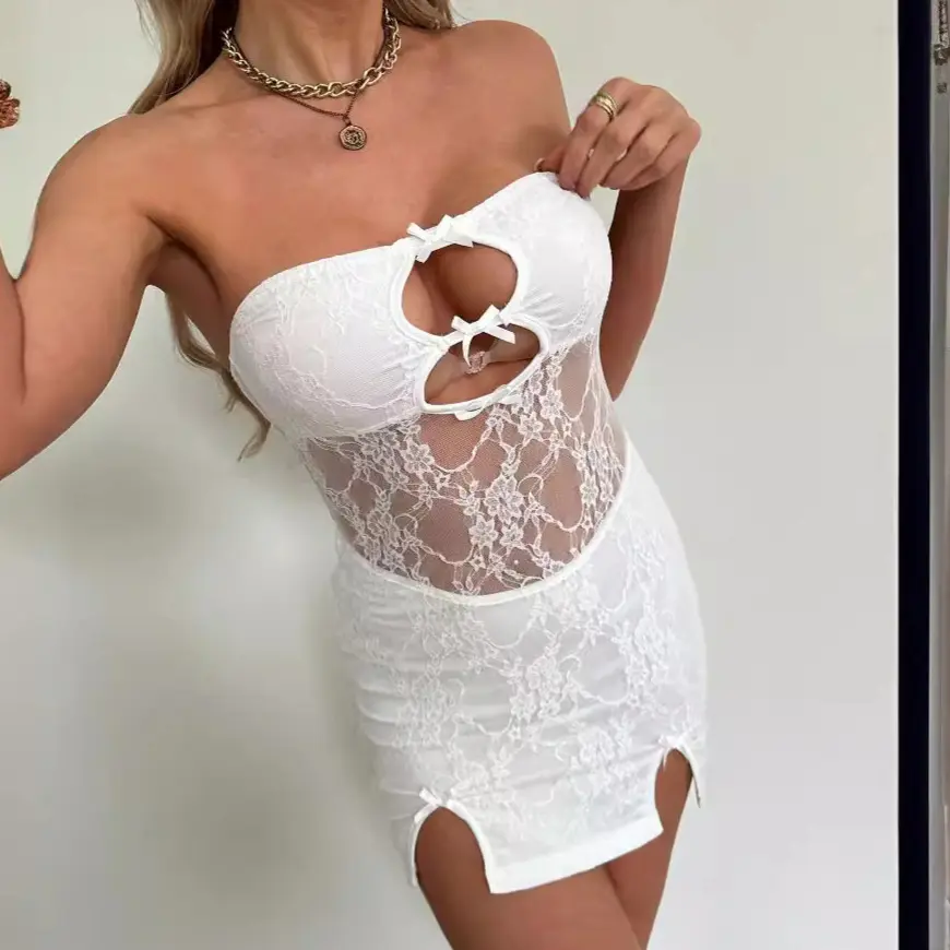 Sexy Women's Summer Mini Club Dress Sleeveless Off Shoulder Cutout Sheer Lace Floral Tube Top Dress for Party Club