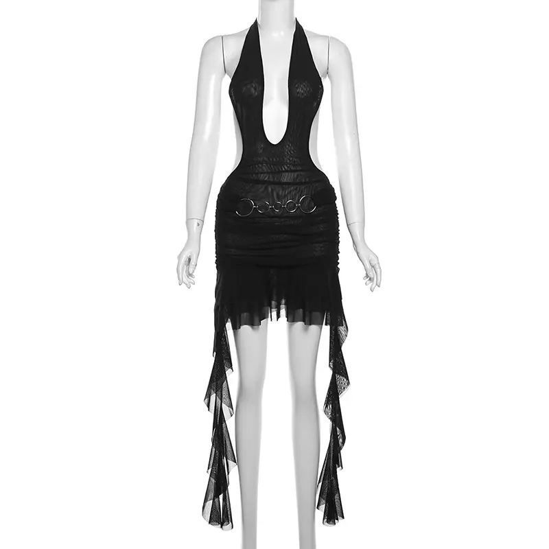 Sexy See Through Dress Women Metal Belt Hem Irregular Ruffles Tassel Backless Halter Midnight Birthday Party Bodycon
