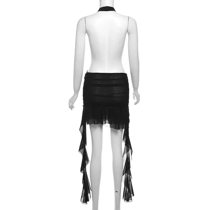 Sexy See Through Dress Women Metal Belt Hem Irregular Ruffles Tassel Backless Halter Midnight Birthday Party Bodycon