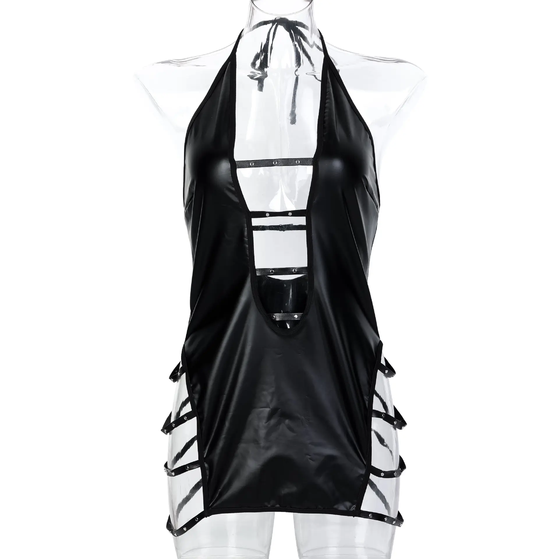 Halter Camis Sexy PU Erotic Night Dress Sleevless Club Slim Nightwear Fashion Women Hollow Out Leather Sensual Pajamas