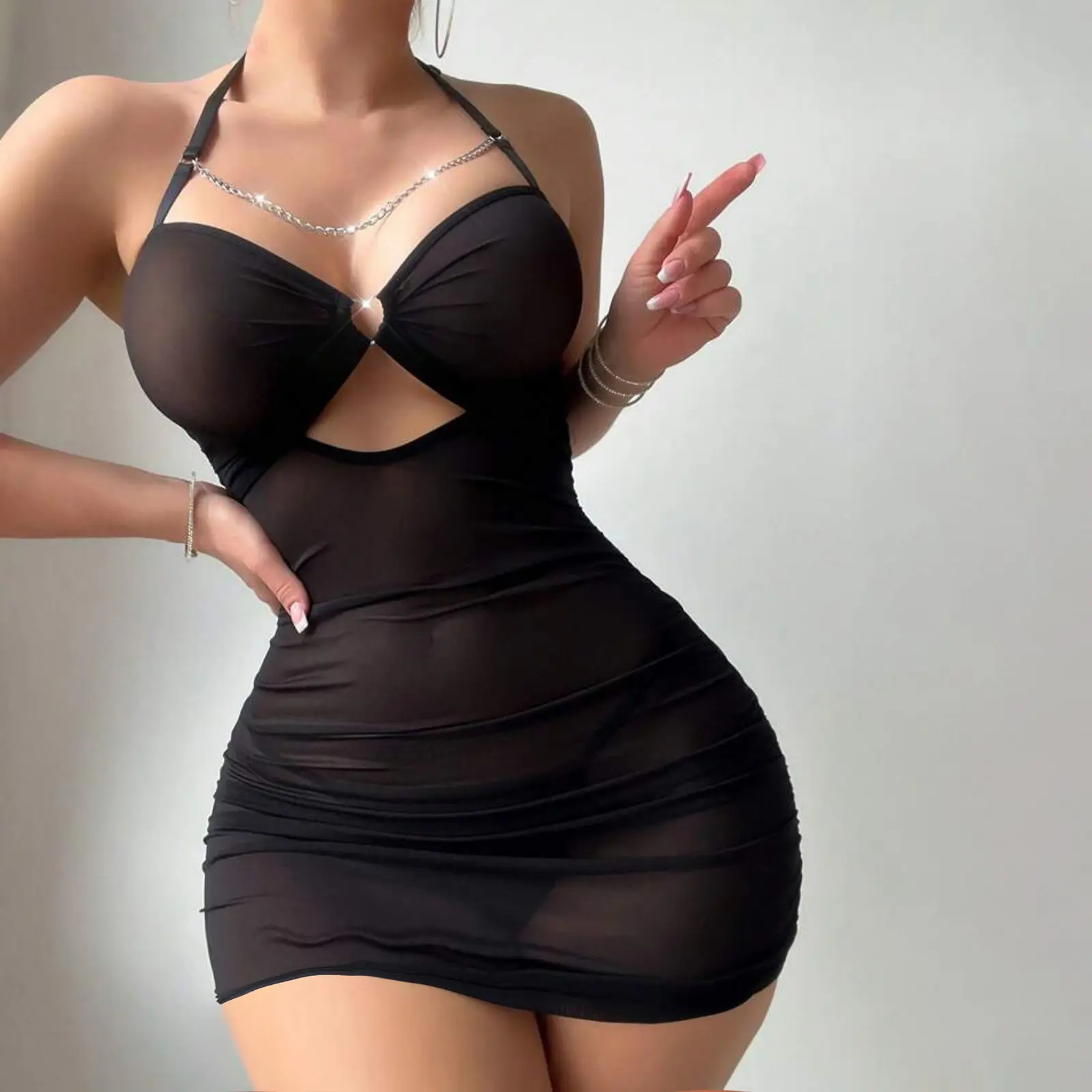 Sexy Womens Lingerie Set Solid Color See Through Ring Chain Halter Neck Mesh Lingerie Dress G-String Thongs 2 Pcs Exotic Set