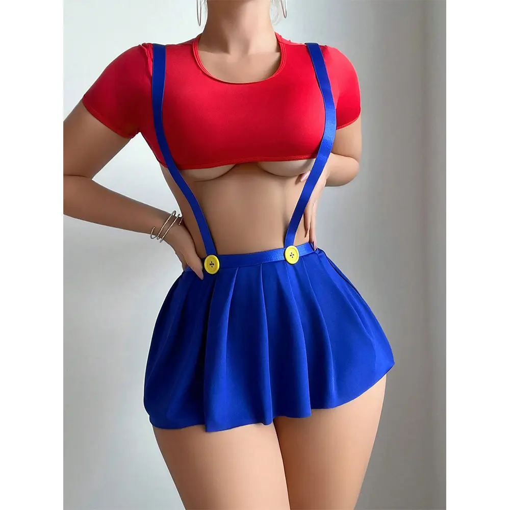 Cosplay Sexy Lingerie Outfits Tight Crop Top Showing Half Ball Pleated Skirt with Shoulder Straps Thongs 3-Piece Set