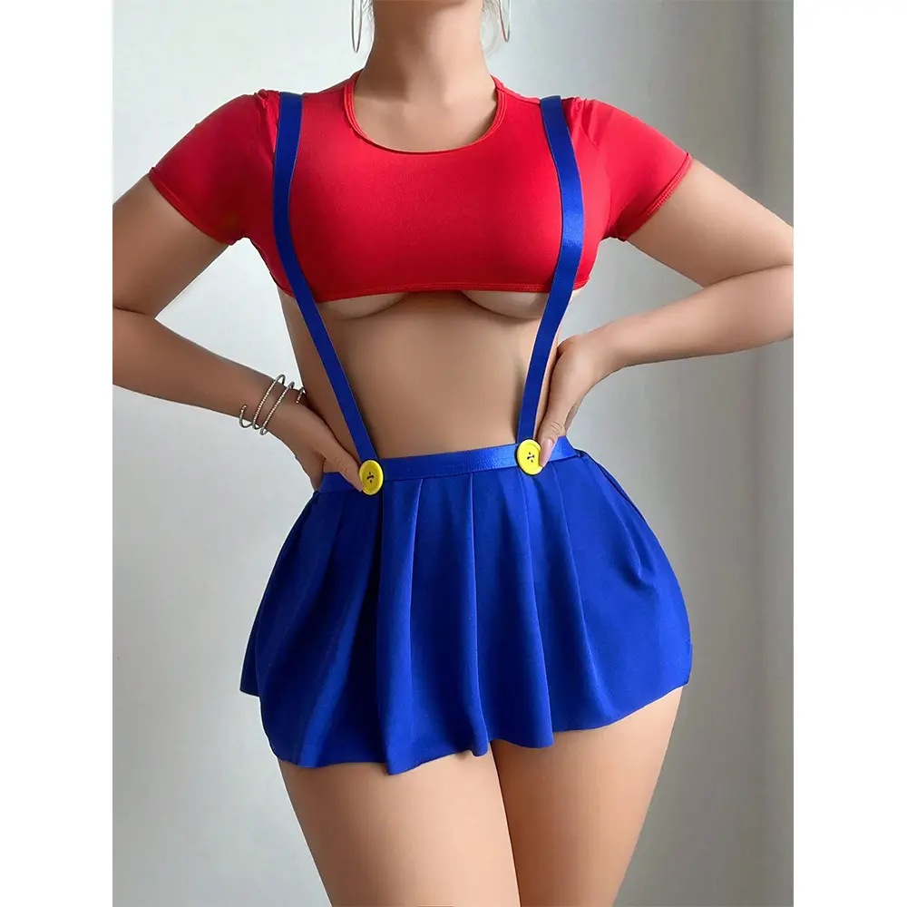 Cosplay Sexy Lingerie Outfits Tight Crop Top Showing Half Ball Pleated Skirt with Shoulder Straps Thongs 3-Piece Set