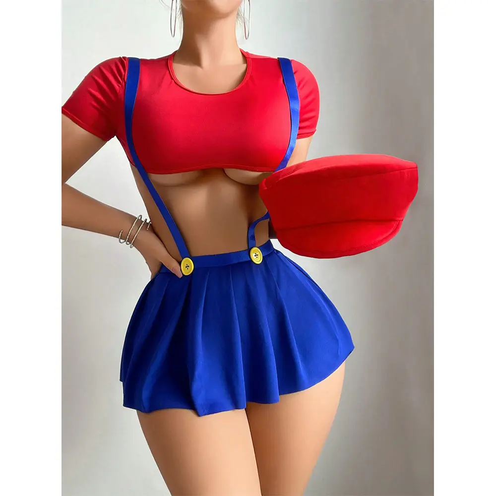 Cosplay Sexy Lingerie Outfits Tight Crop Top Showing Half Ball Pleated Skirt with Shoulder Straps Thongs 3-Piece Set