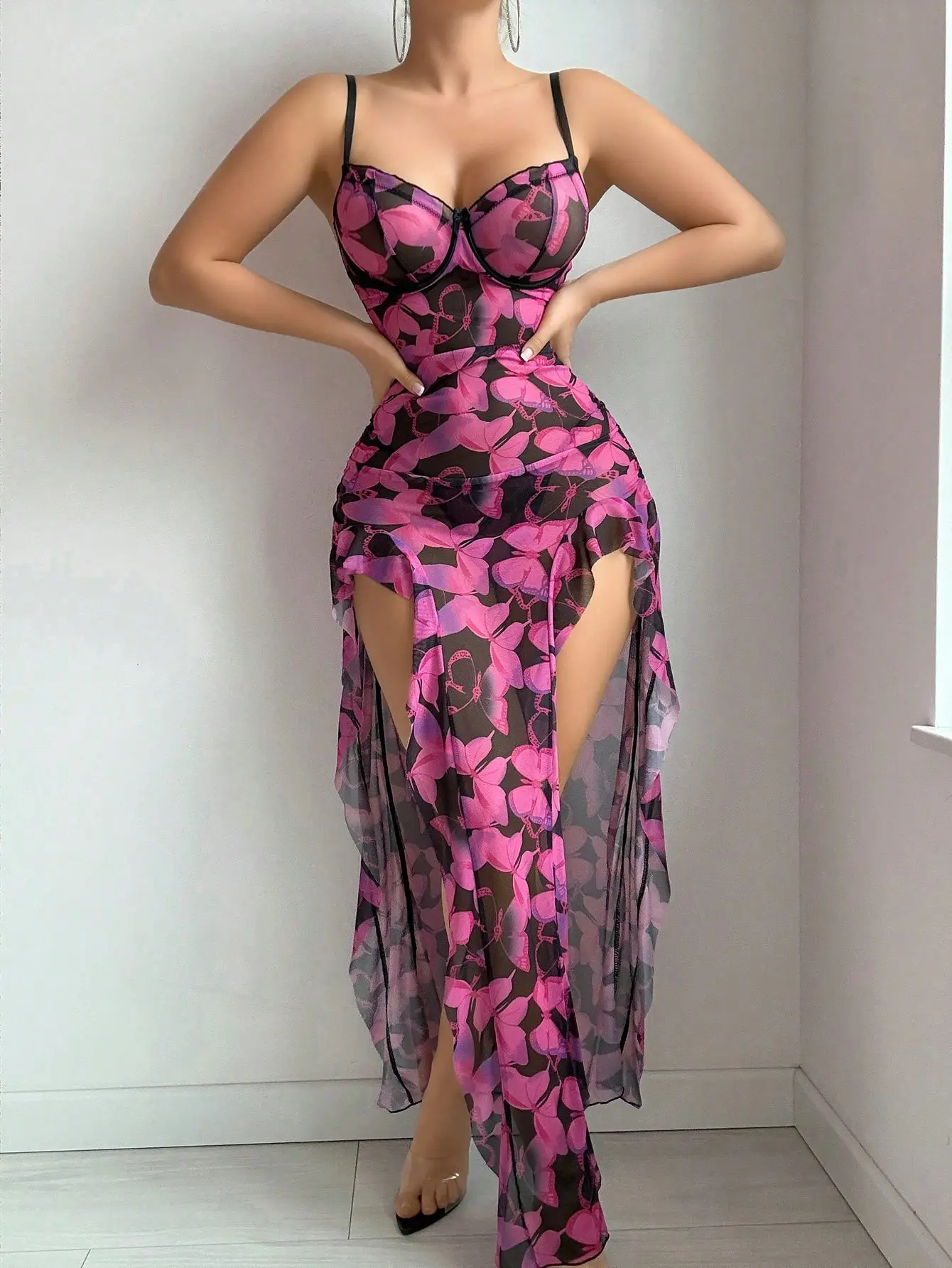 Women Lingerie Chemise Nightdress Butterfly Print Sleeveless Cami Dress Nightgown Sleepwear Slips Nightie with Thong