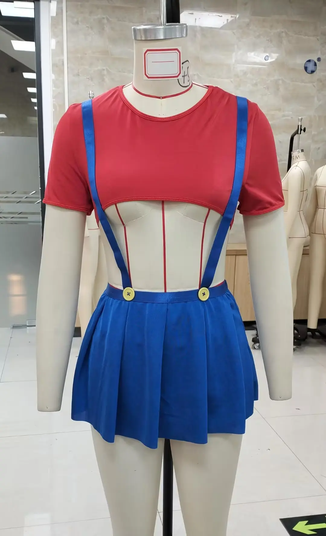 Cosplay Sexy Lingerie Outfits Tight Crop Top Showing Half Ball Pleated Skirt with Shoulder Straps Thongs 3-Piece Set