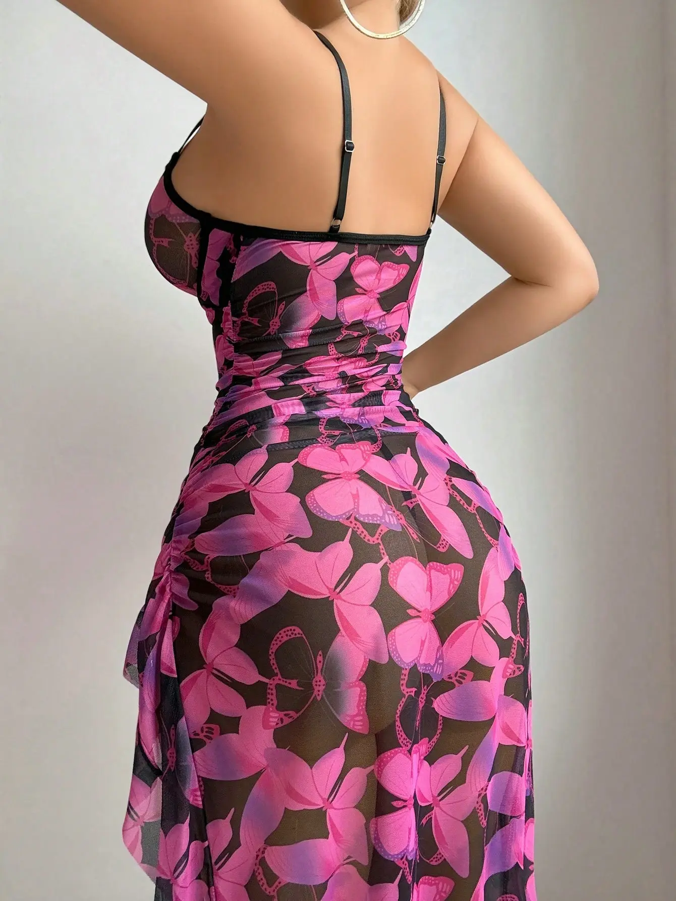 Women Lingerie Chemise Nightdress Butterfly Print Sleeveless Cami Dress Nightgown Sleepwear Slips Nightie with Thong