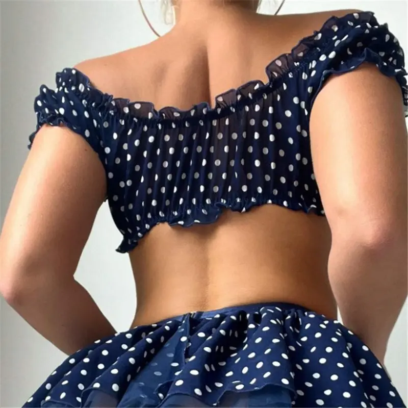 Women's Lingerie Outfits Off Shoulder Crop Tops + Dot Print Mini Skirt + Thong Babydoll Sleepwear 3PCS Exotic Sets