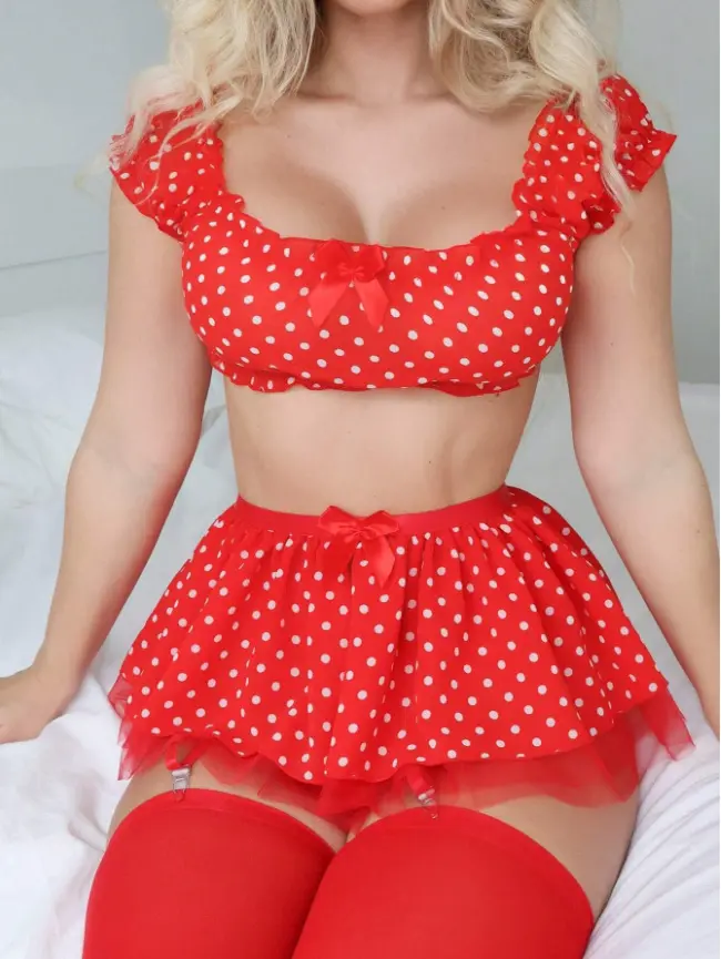 Women's Lingerie Outfits Off Shoulder Crop Tops + Dot Print Mini Skirt + Thong Babydoll Sleepwear 3PCS Exotic Sets