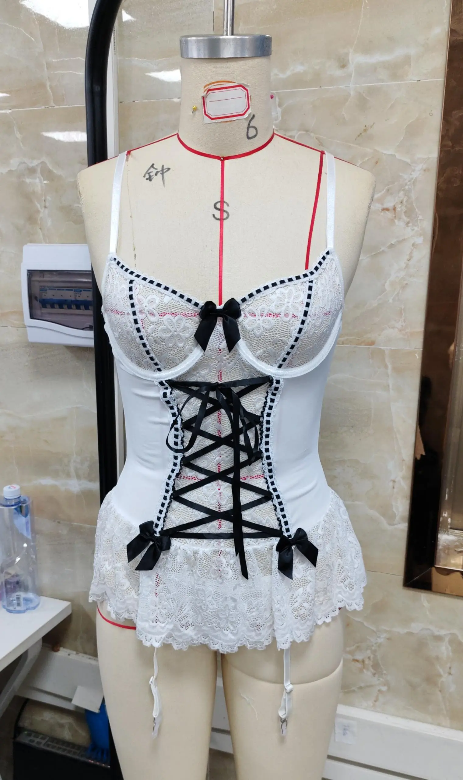 Women's 2 Piece Lace Lingerie Set Sleeveless Bow Front Ruffle Nightdress and Thongs Exotic Nightwear Sleepwear
