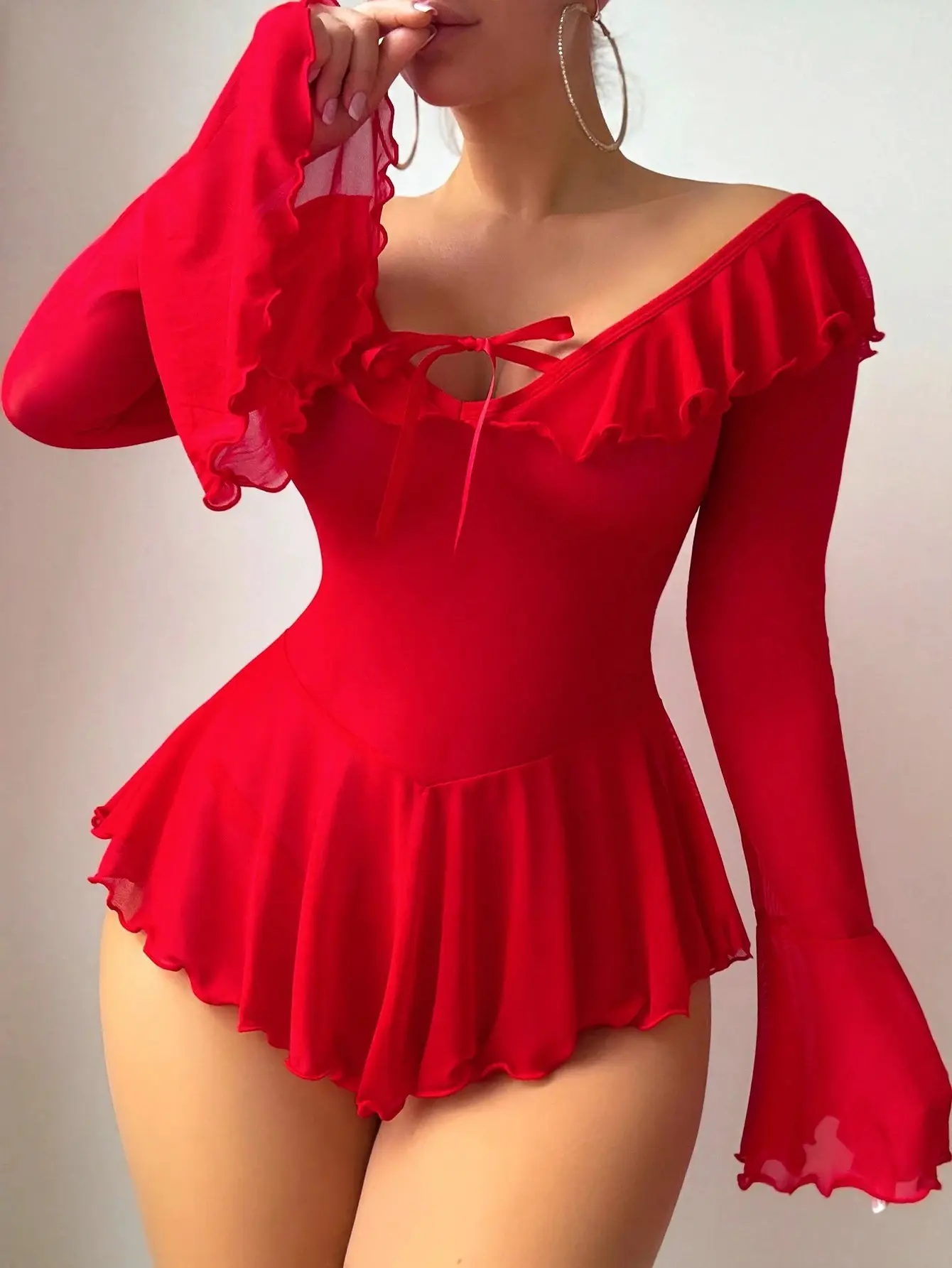 Women Lingerie Chemise Nightdress Solid Color See-Through Ruffles Dress Nightgown Sleepwear Slips Nightie with Thong