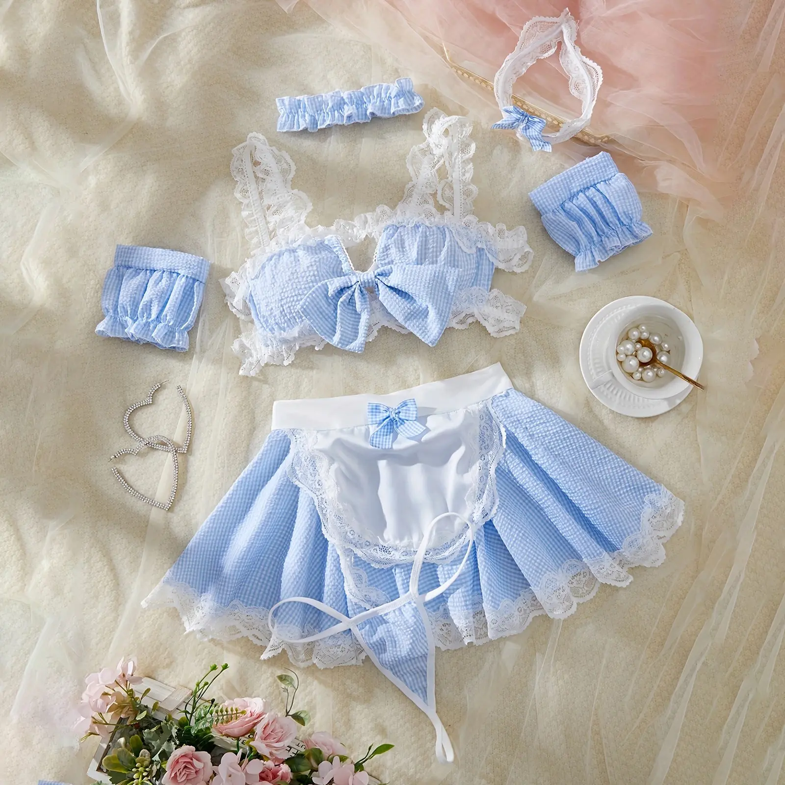 Women's Maid Lingerie Set Sleeveless Plaid Print Bow and Panty Apron Skirt Set Sexy Ladies Exotic Nightwear