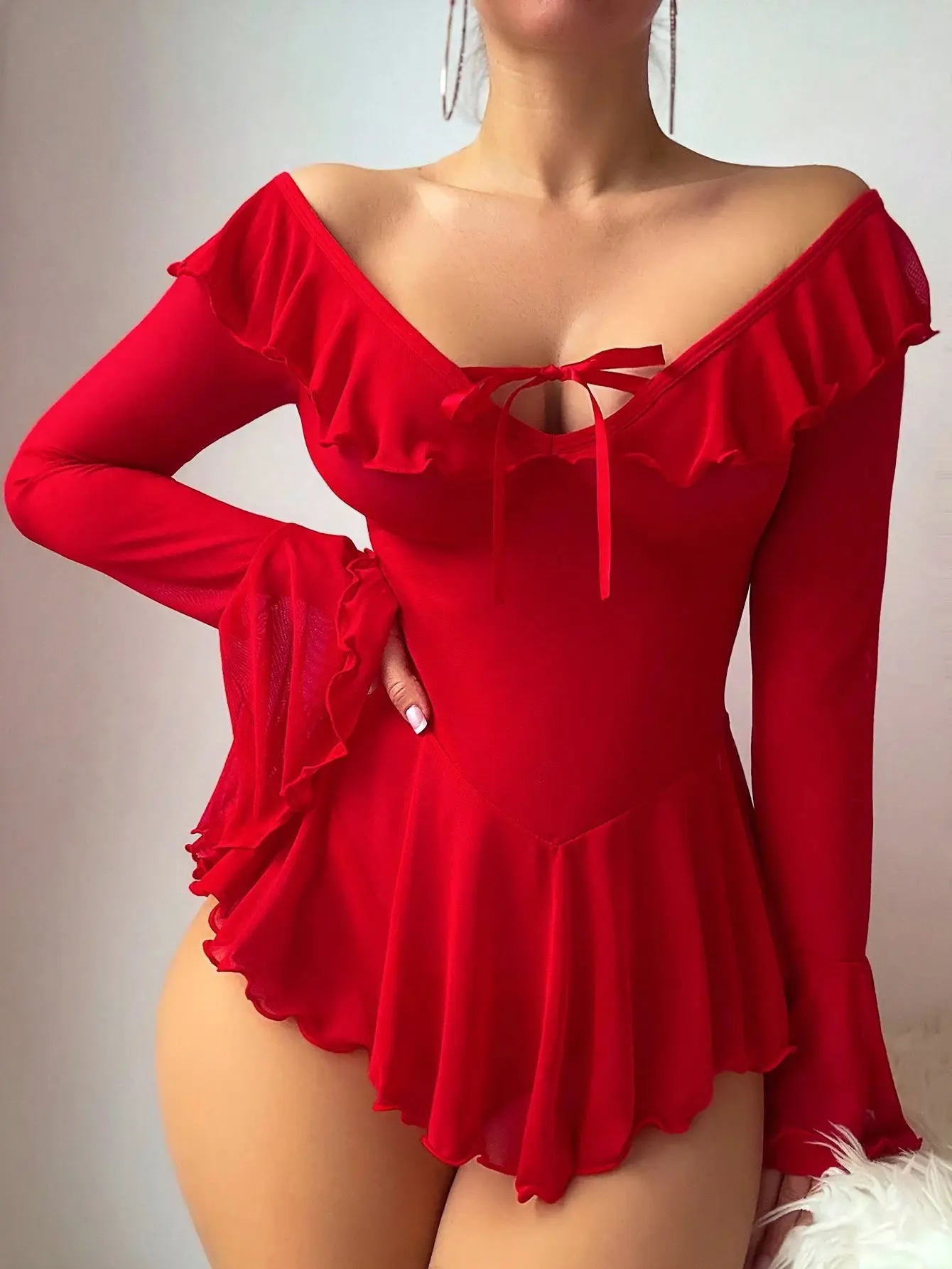 Women Lingerie Chemise Nightdress Solid Color See-Through Ruffles Dress Nightgown Sleepwear Slips Nightie with Thong