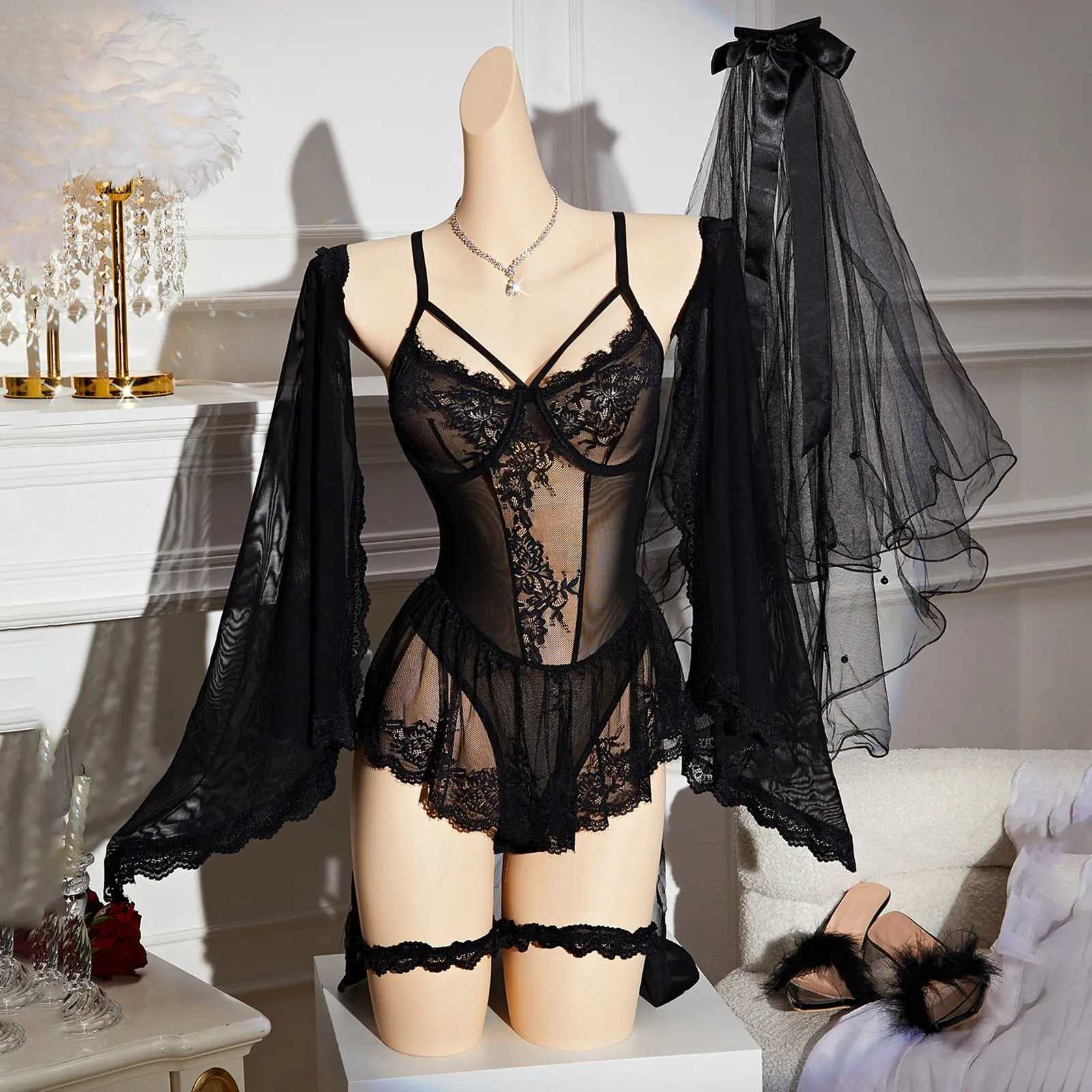 Sexy Women's Bridal Lingerie Set Sheer Mesh Lace Babydoll Dress Sleeves Garters and Veil 4 Pcs Set Wedding Lingerie